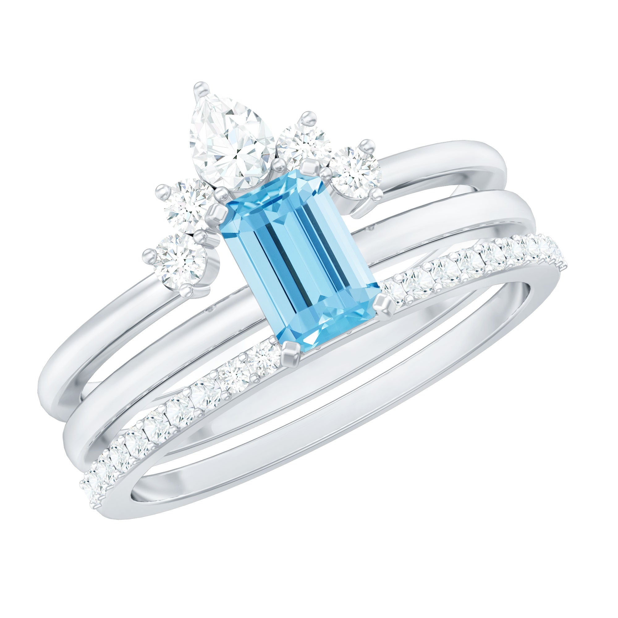 Emerald Cut Aquamarine Solitaire Ring Set of 3 with Diamond AAA - Rosec Jewels