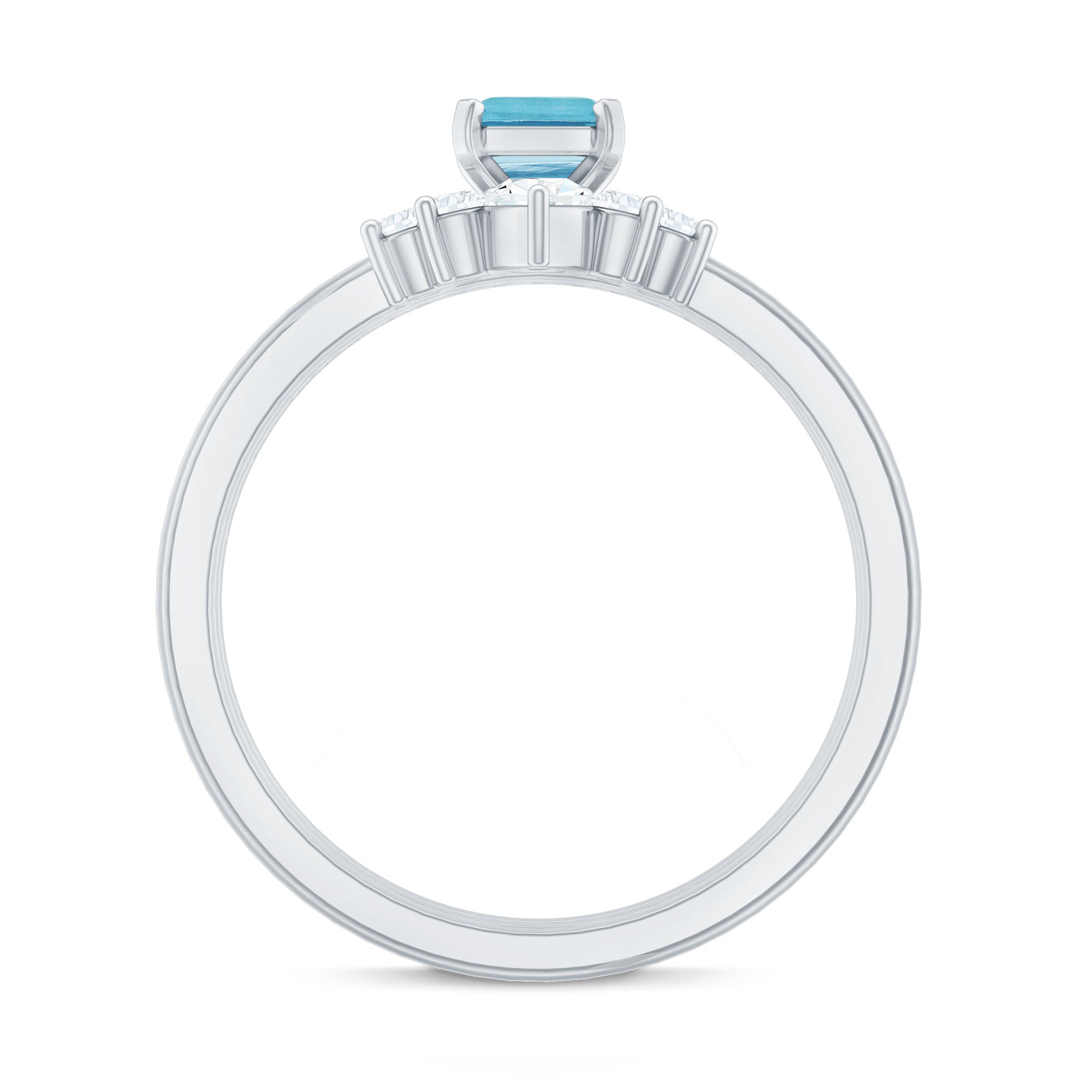 Emerald Cut Aquamarine Solitaire Ring Set of 3 with Diamond AAA - Rosec Jewels