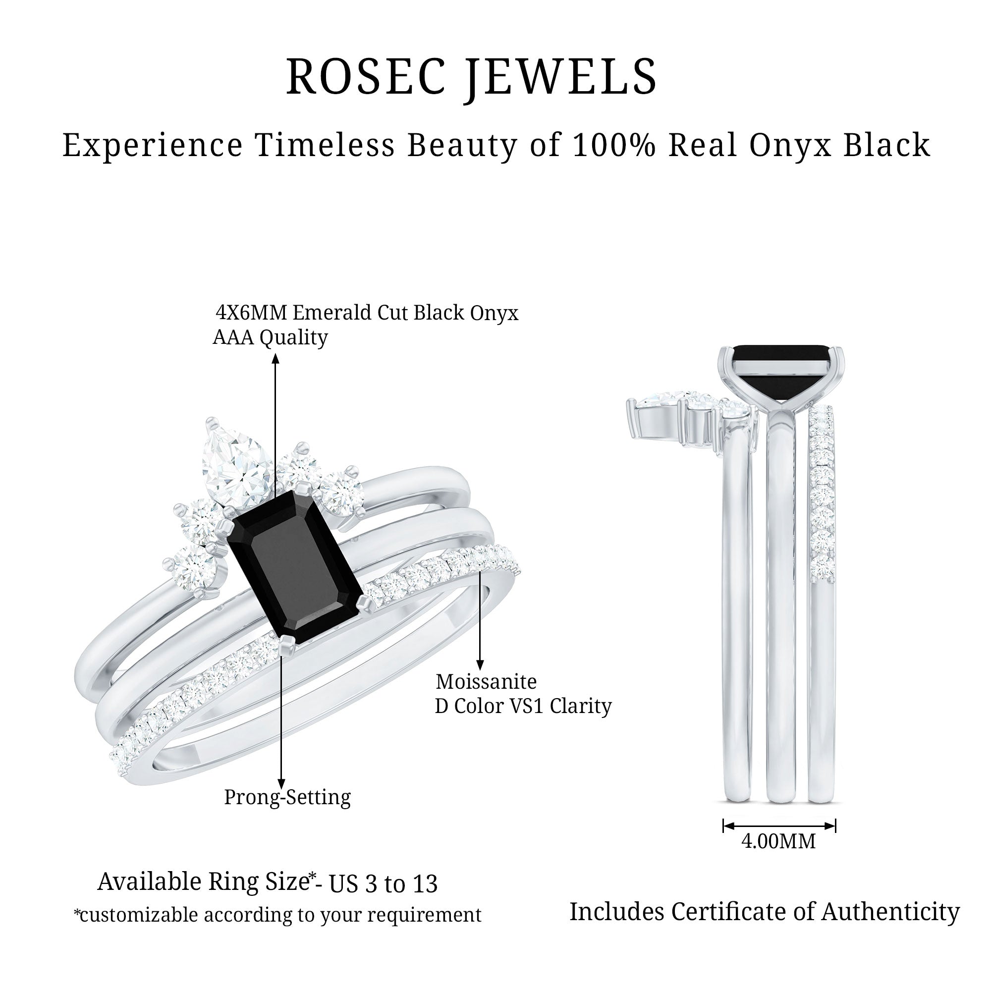 Emerald Cut Black Onyx and Diamond Trio Wedding Ring Set AAA - Rosec Jewels