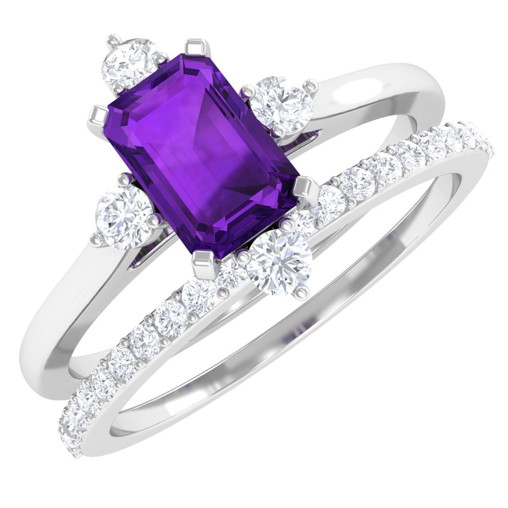 Real 1.4 Carat Amethyst Emerald Cut Engagement Wedding Ring Set with Diamond AAA - Rosec Jewels