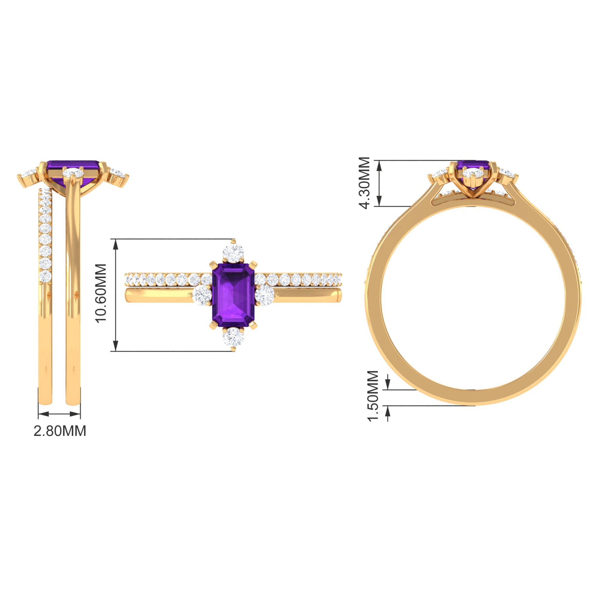 Real 1.4 Carat Amethyst Emerald Cut Engagement Wedding Ring Set with Diamond AAA - Rosec Jewels