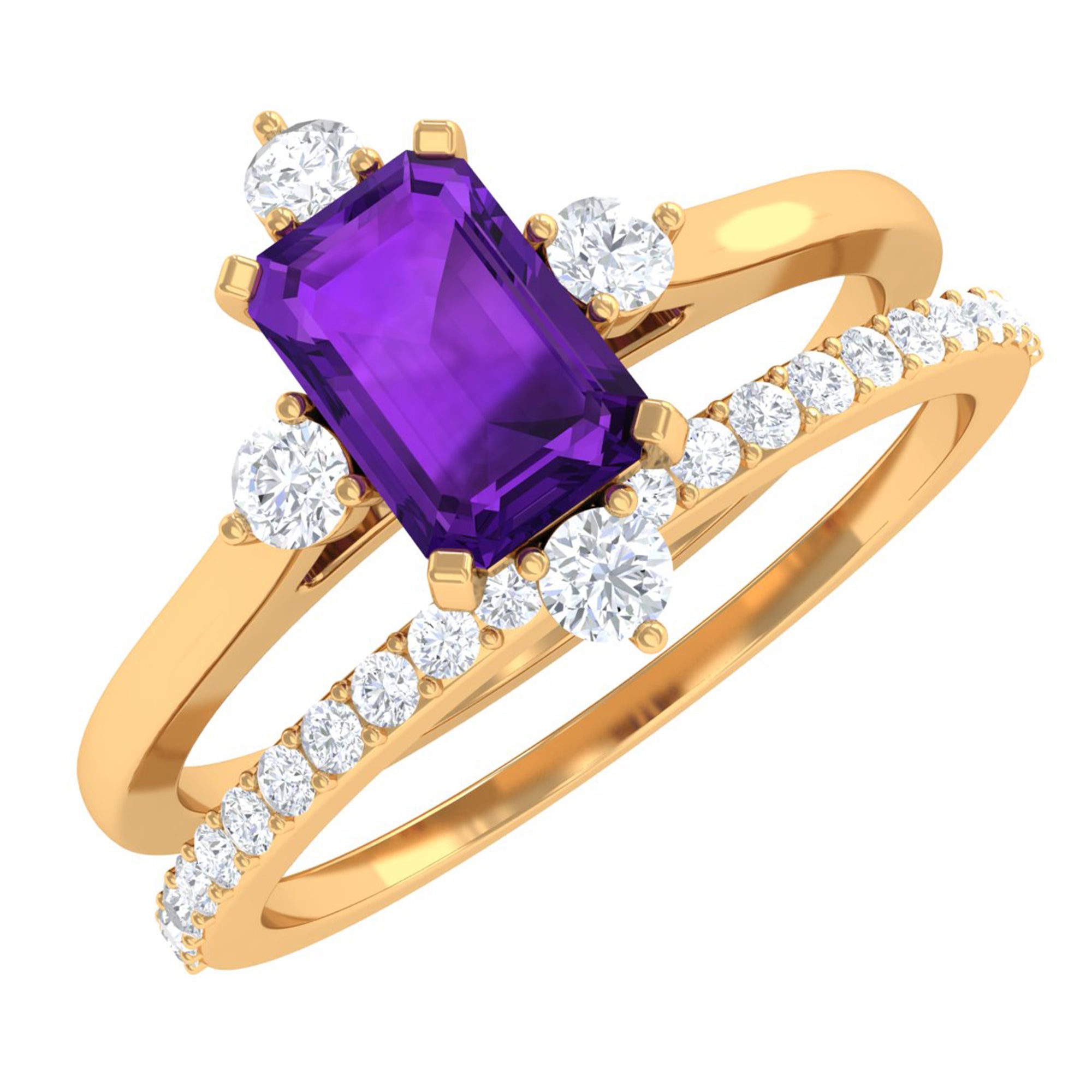 Real 1.4 Carat Amethyst Emerald Cut Engagement Wedding Ring Set with Diamond AAA - Rosec Jewels