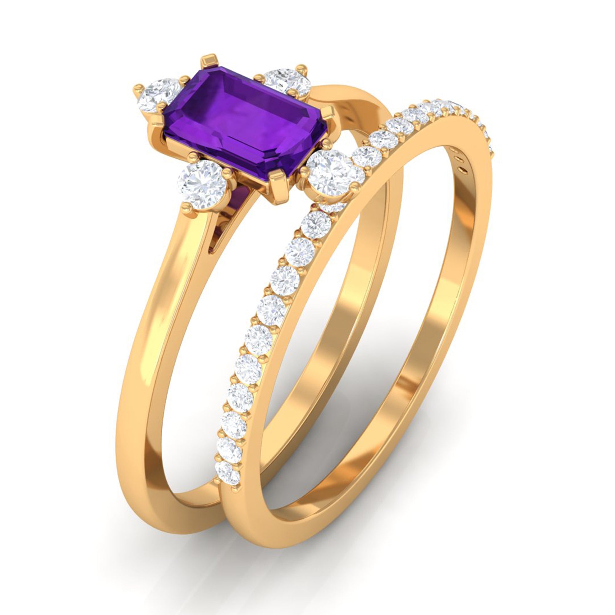 Real 1.4 Carat Amethyst Emerald Cut Engagement Wedding Ring Set with Diamond AAA - Rosec Jewels