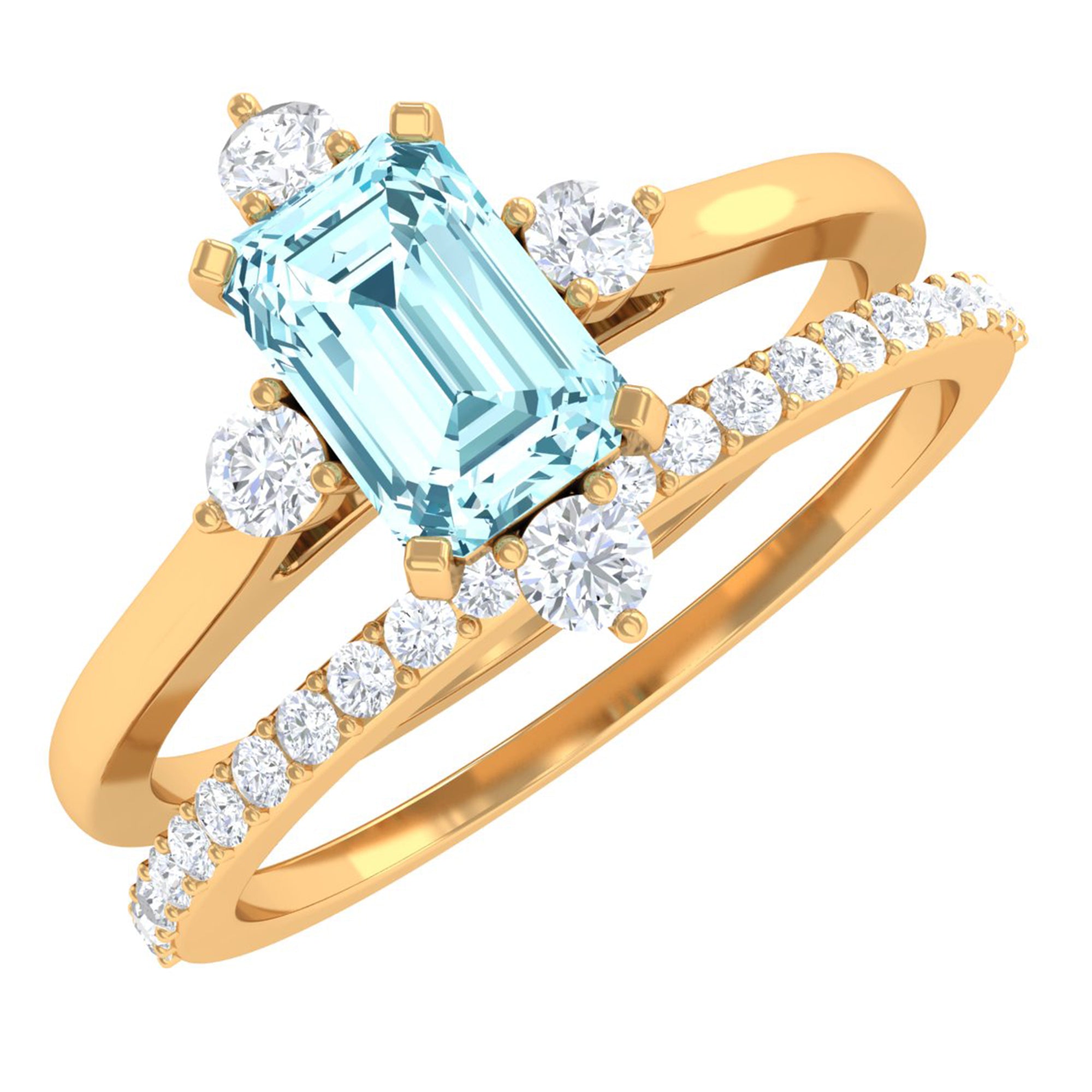 Emerald Cut Genuine Aquamarine and Diamond Designer Engagement Ring Set AAA - Rosec Jewels