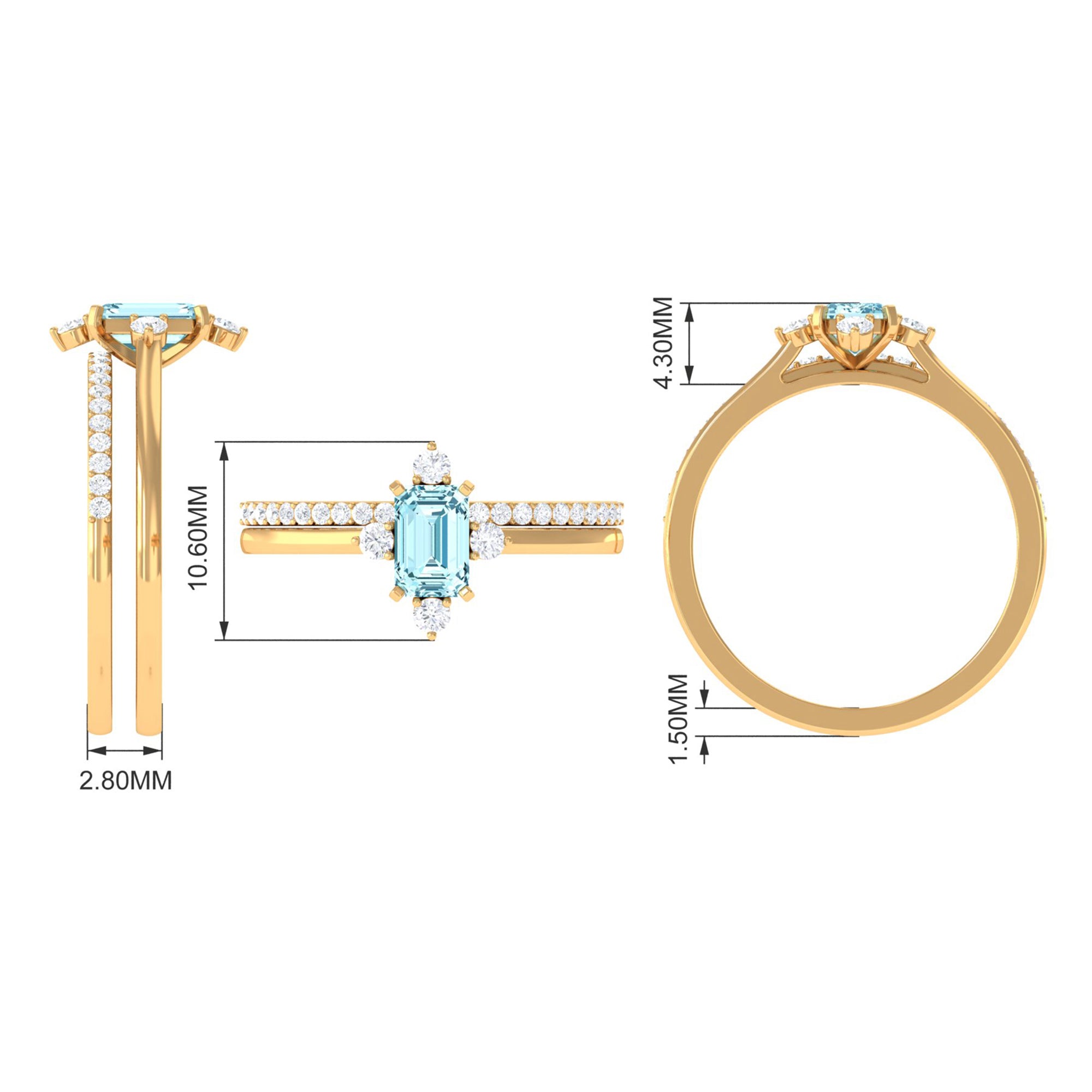 Emerald Cut Genuine Aquamarine and Diamond Designer Engagement Ring Set AAA - Rosec Jewels