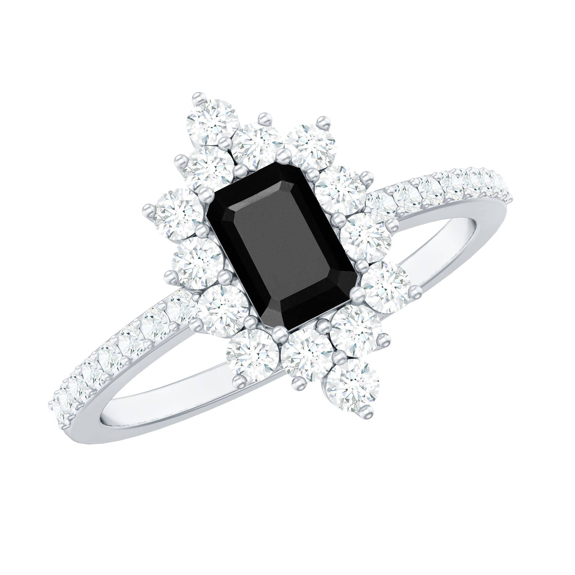 Emerald Cut Created Black Diamond Halo Engagement Ring with Diamond