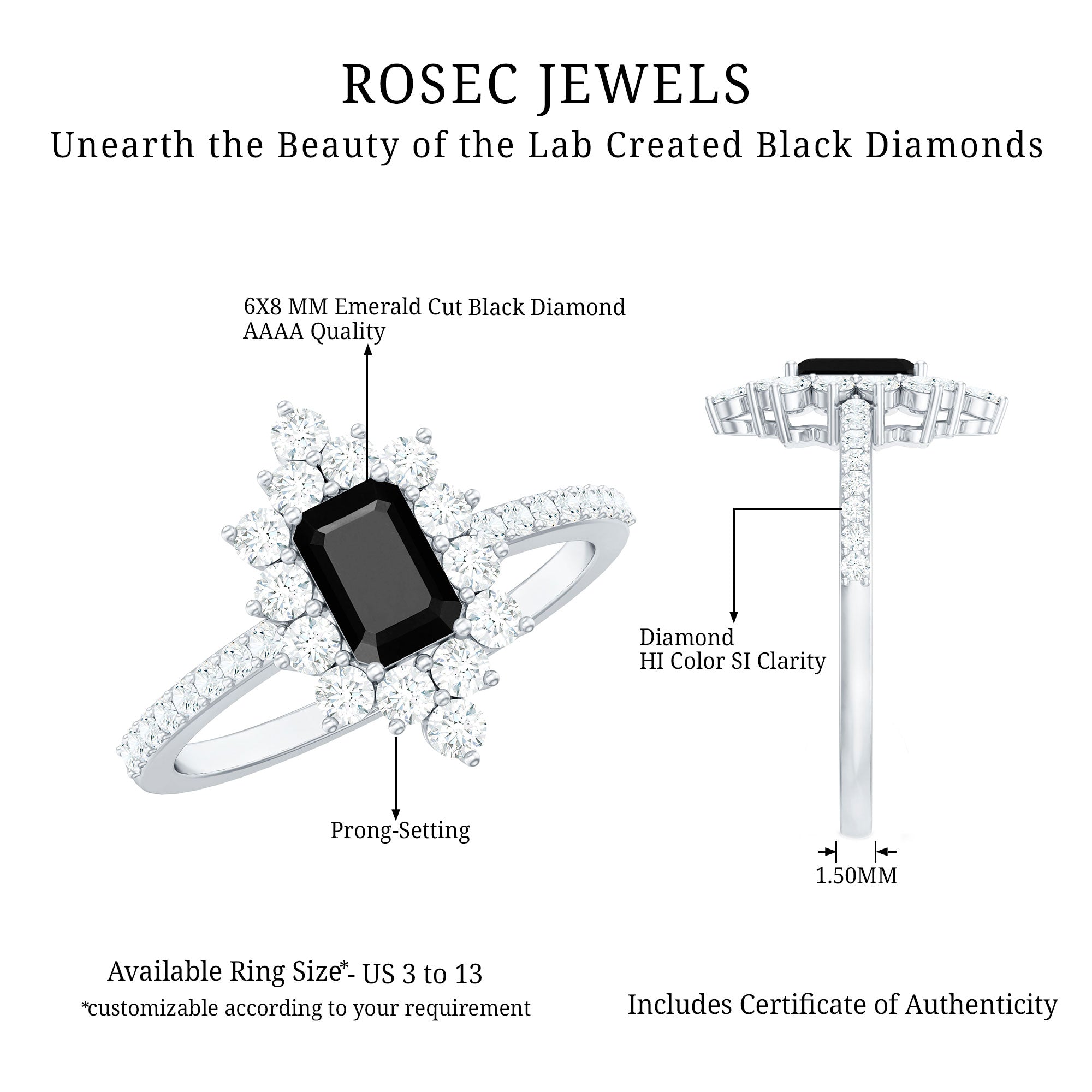 Rosec Jewels-Vintage Style 1.6 Carat Lab Grown Black and White Diamond Emerald Cut Engagement Ring