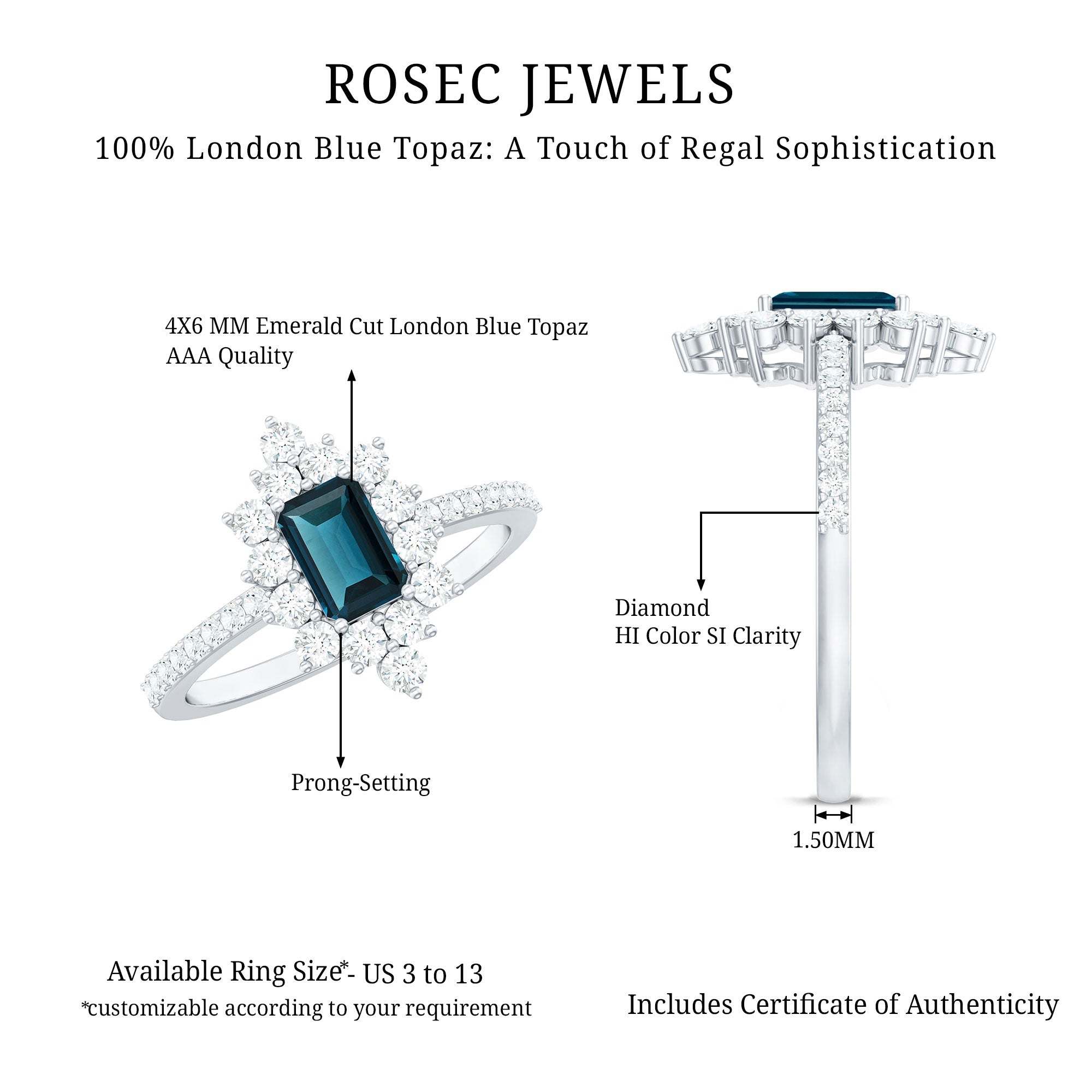 Rosec Jewels-4X6mm Emerald Cut London Blue Topaz Antique Looking Engagement Ring with Diamond Halo