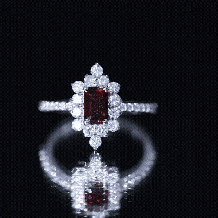 Vintage Inspired Garnet Emerald Cut Engagement Ring with Diamond Halo AAA - Rosec Jewels