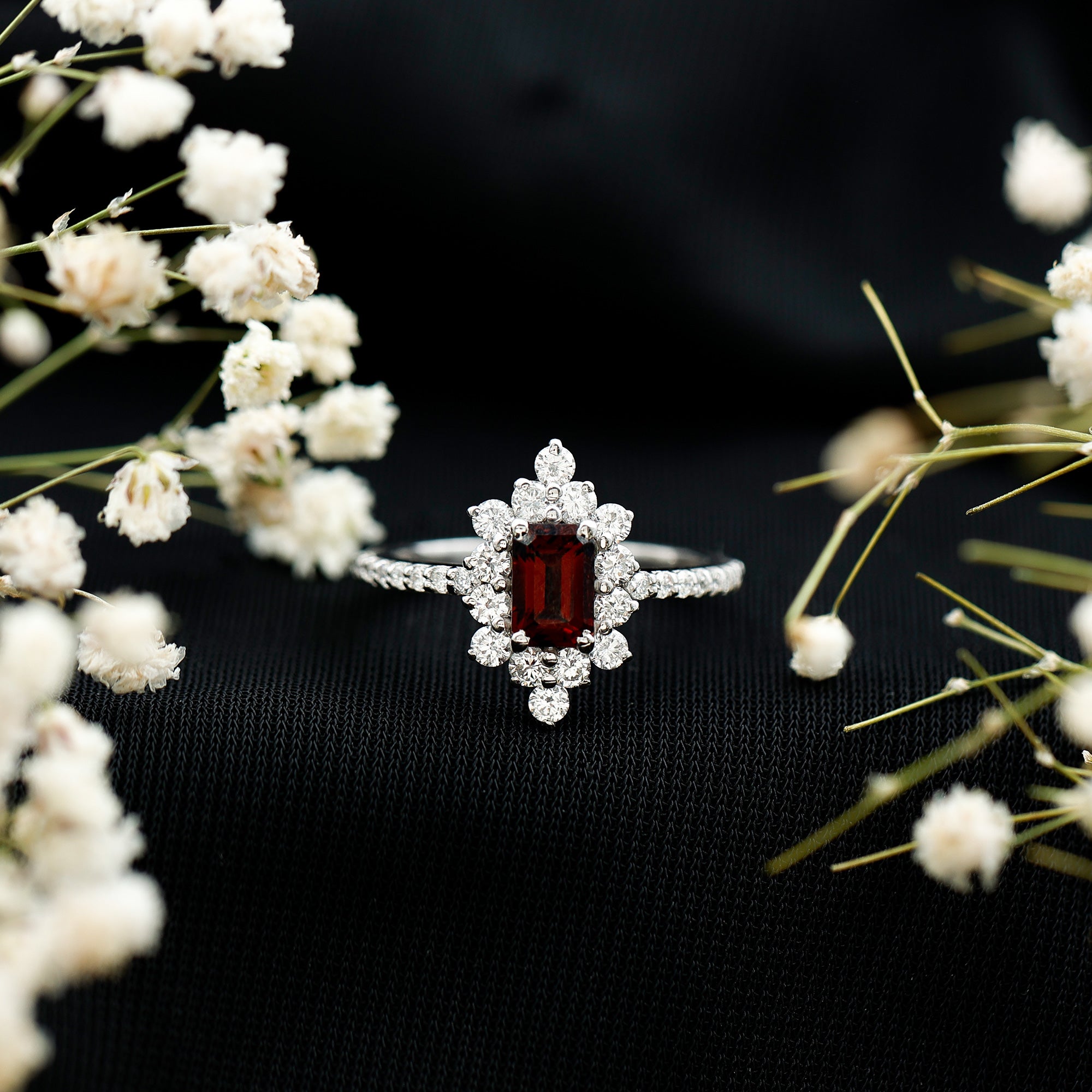 Vintage Inspired Garnet Emerald Cut Engagement Ring with Diamond Halo AAA - Rosec Jewels