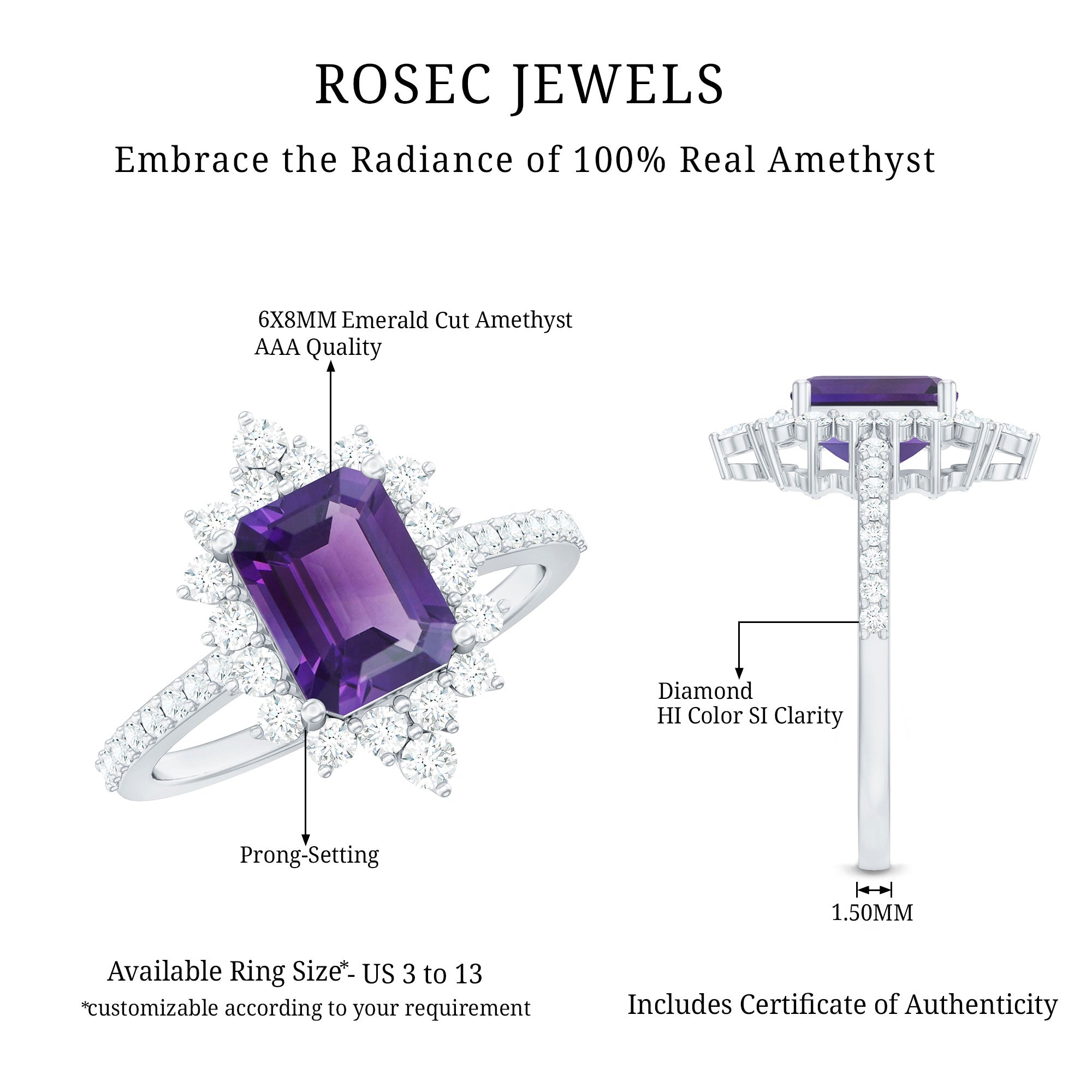 Vintage Style 1.4 Carat Emerald Cut Amethyst Engagement Ring with Diamonds AAA - Rosec Jewels