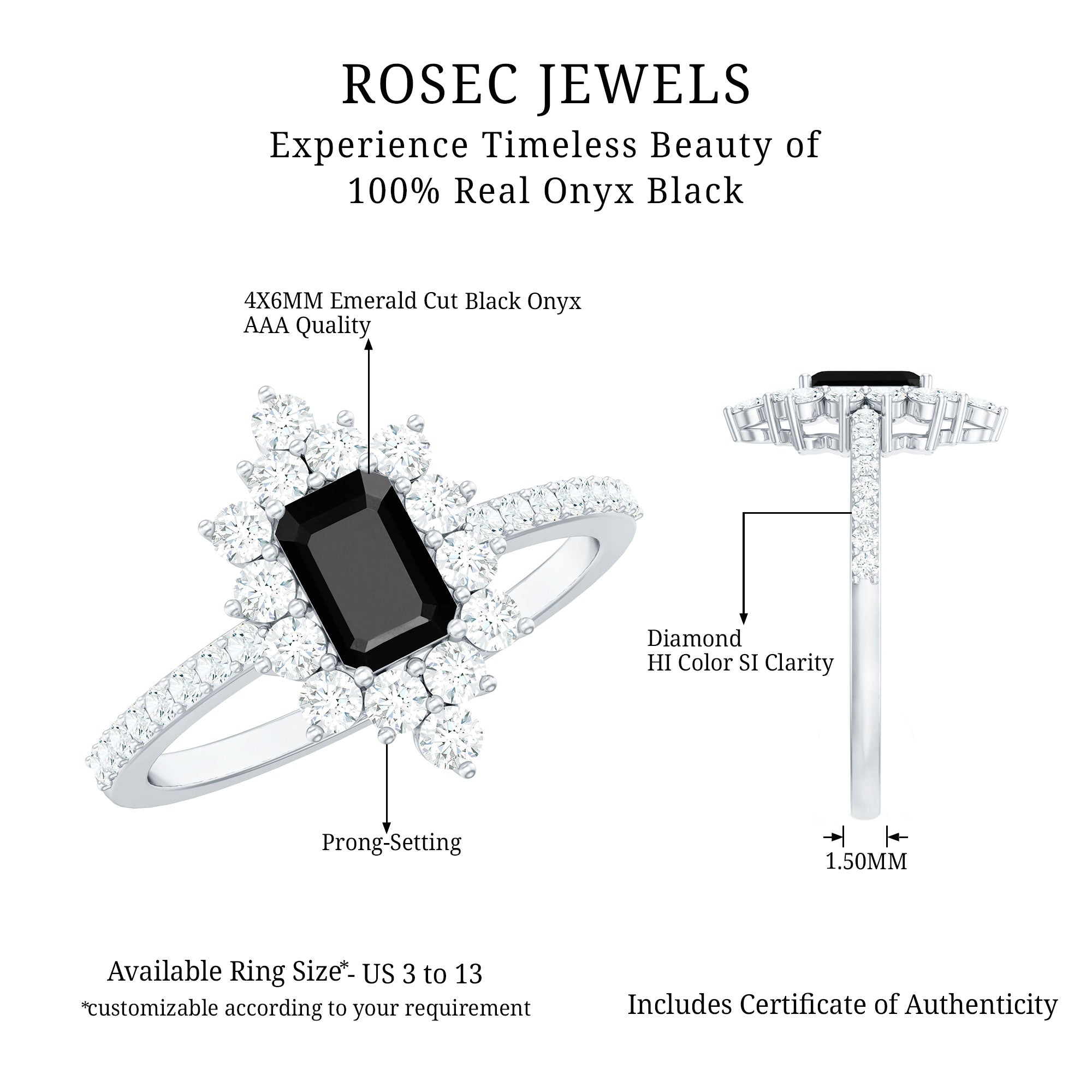 Vintage Inspired Black Onyx Engagement Ring with Diamond Halo AAA - Rosec Jewels