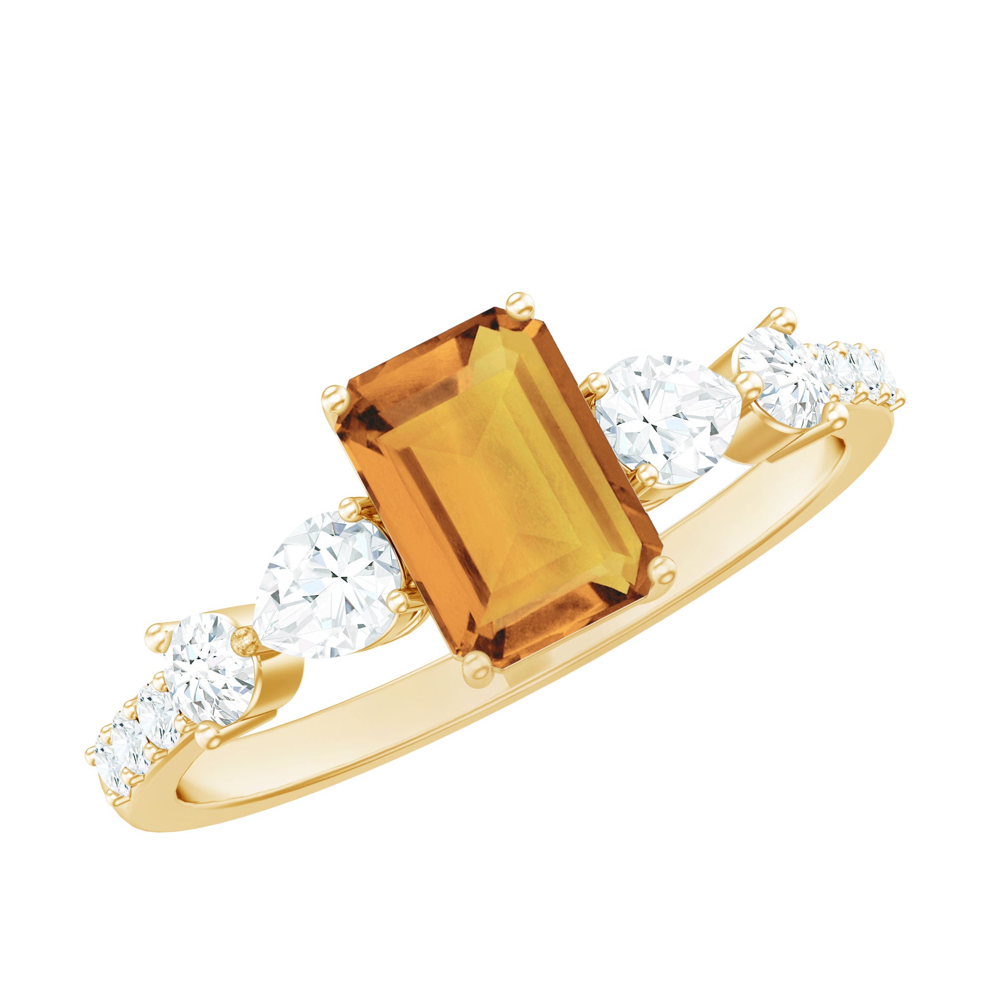 Rosec Jewels-Genuine 6X8mm Citrine Emerald Cut Engagement Ring with Moissanite Side Stones