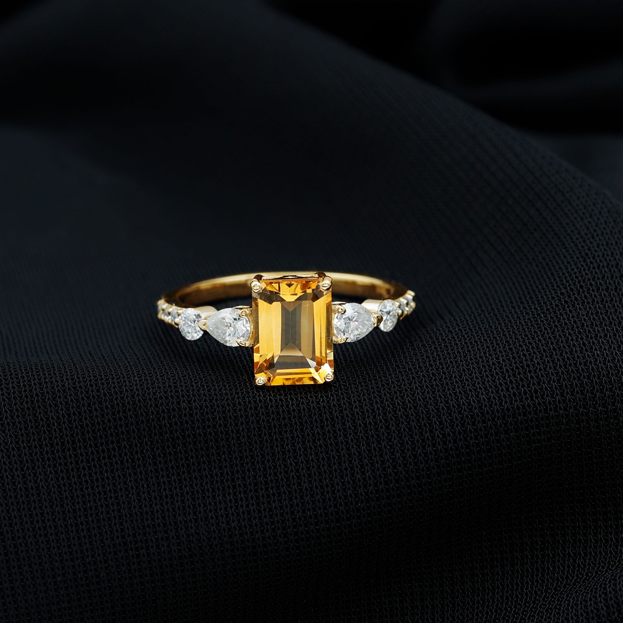 Rosec Jewels-Genuine 6X8mm Citrine Emerald Cut Engagement Ring with Moissanite Side Stones
