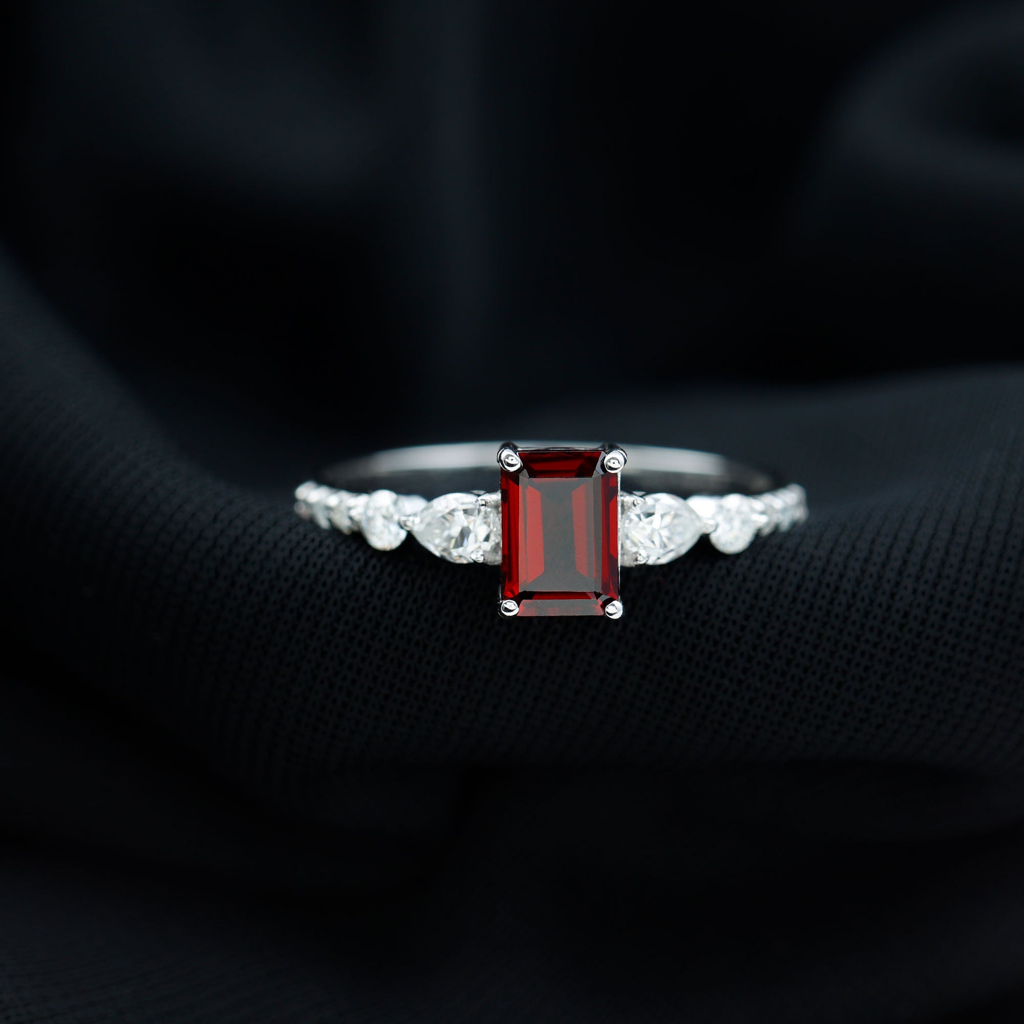 Rosec Jewels-Genuine Garnet Emerald Cut Engagement Ring with Diamond Side Stones