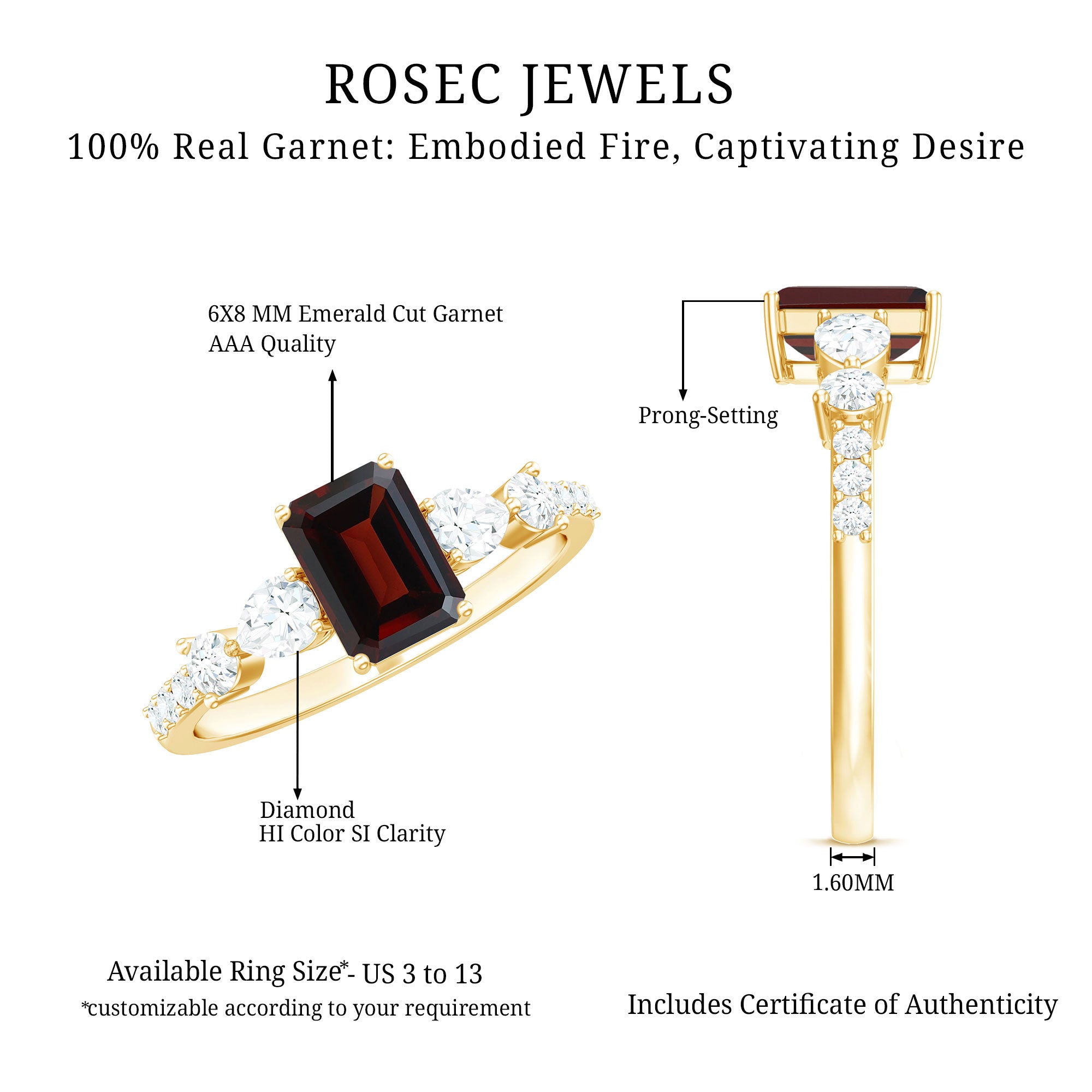 Rosec Jewels-Genuine Garnet Emerald Cut Engagement Ring with Diamond Side Stones