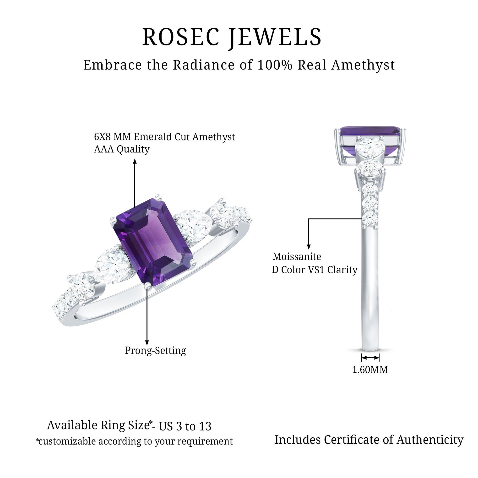 Real 1.4 Carat Emerald Cut Amethyst Engagement Ring with Moissanite AAA - Rosec Jewels