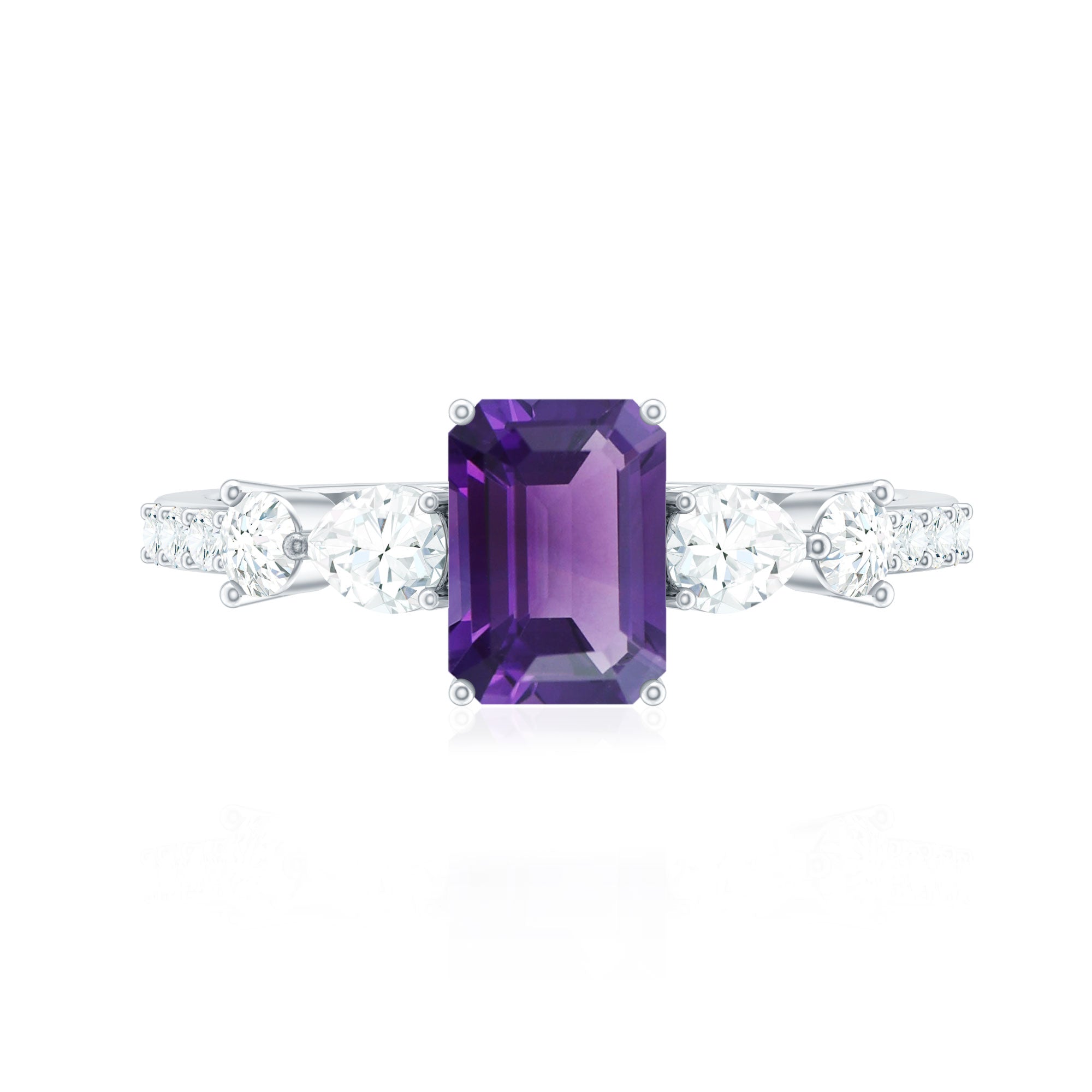 Real 1.4 Carat Emerald Cut Amethyst Engagement Ring with Moissanite AAA - Rosec Jewels