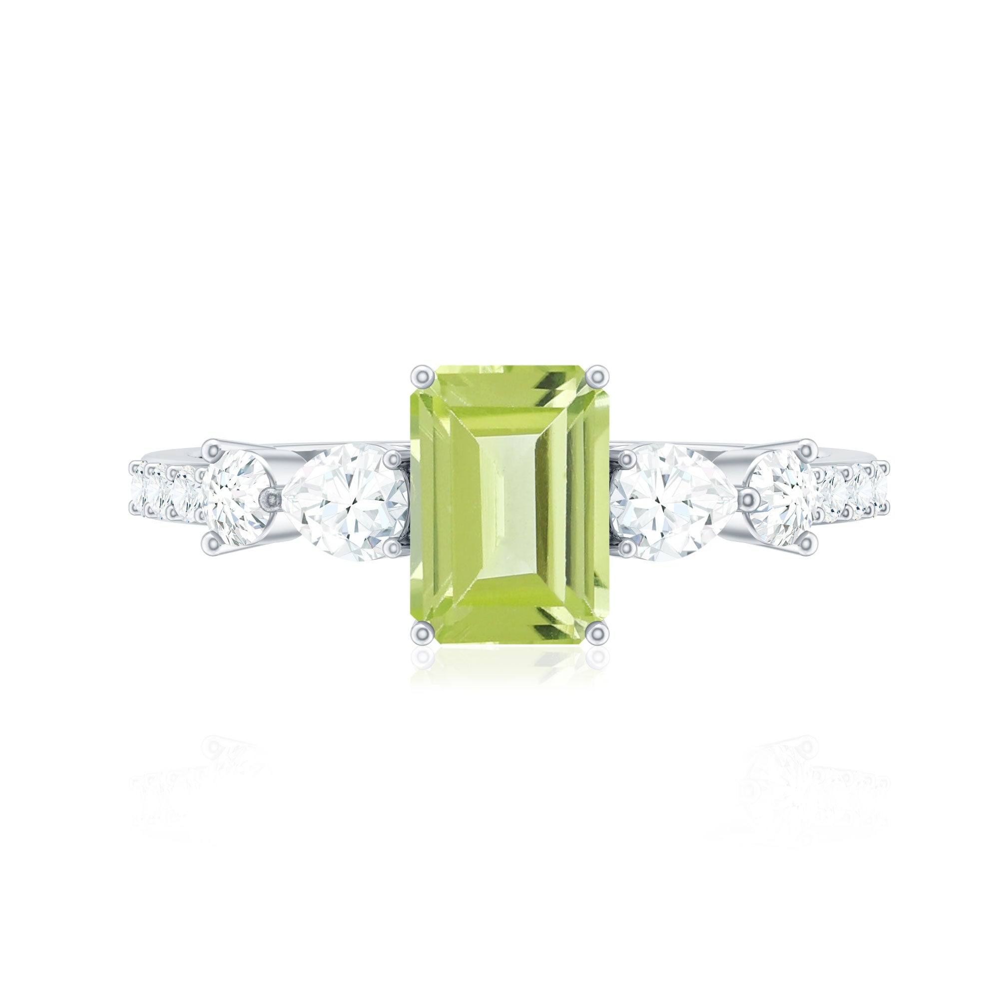 Natural 1.8 Carat Peridot Emerald Cut Engagement Ring with Side Stones AAA - Rosec Jewels