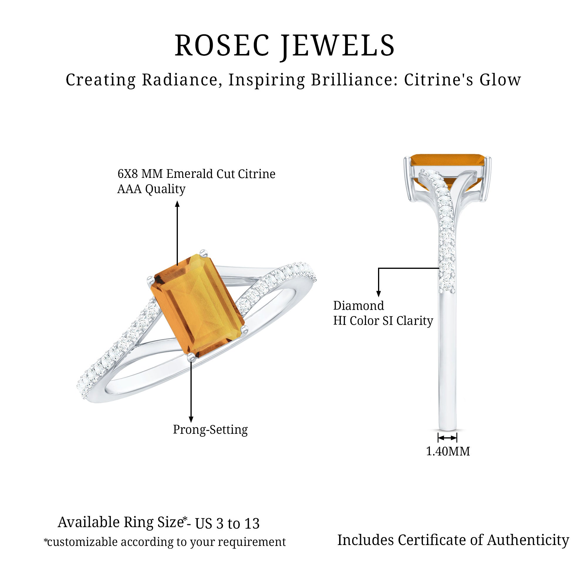 Rosec Jewels-Real Citrine Emerald Cut Engagement Ring with Diamond Split Shank
