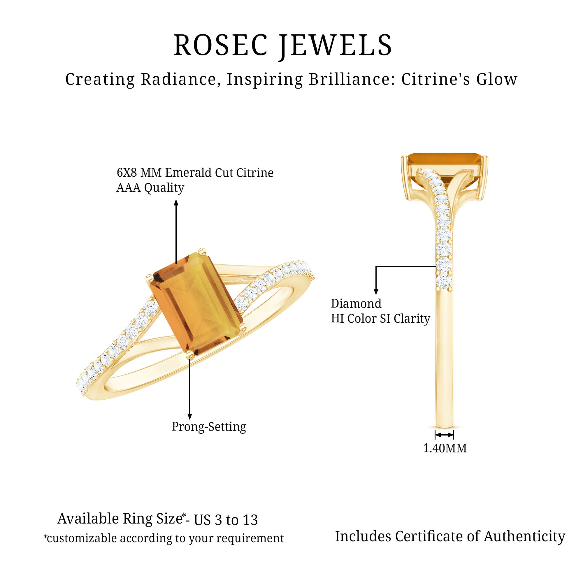 Rosec Jewels-Real Citrine Emerald Cut Engagement Ring with Diamond Split Shank