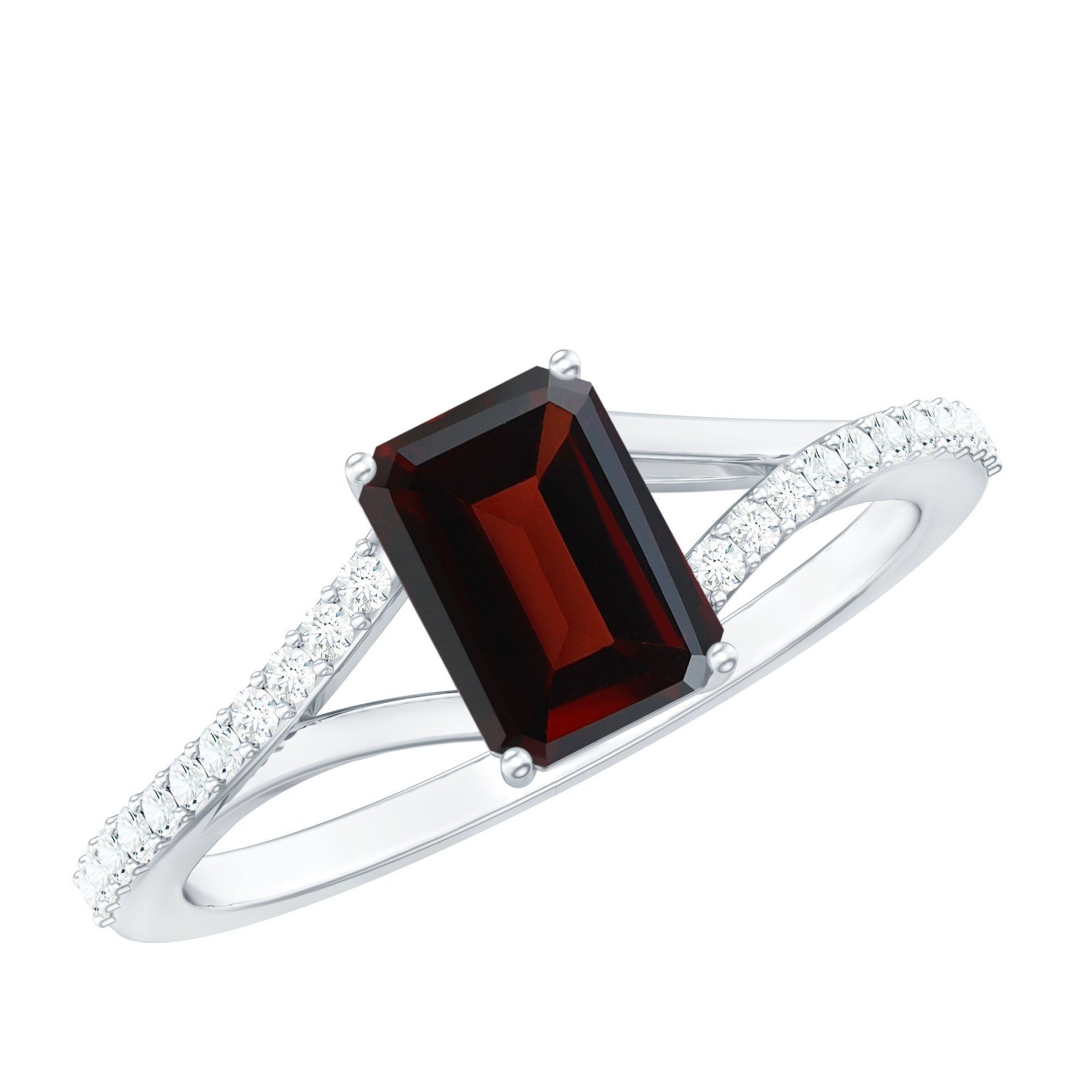 Certified Natural Garnet Emerald Cut Engagement Ring with Diamond Split Shank AAA - Rosec Jewels