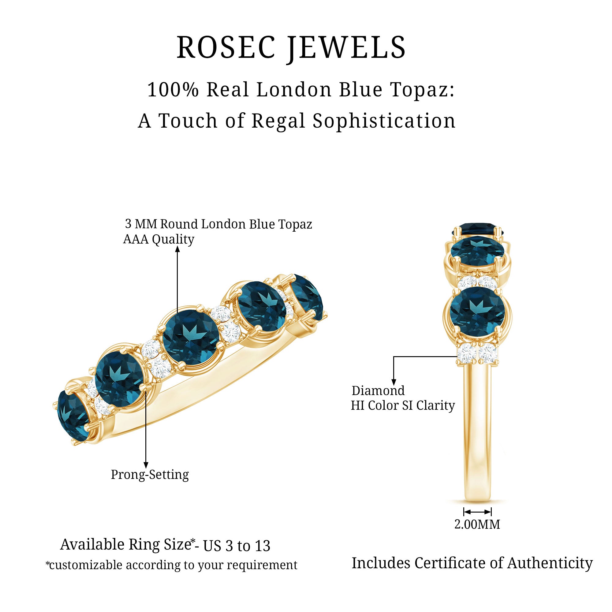Round London Blue Topaz and Diamond Half Eternity Band AAA - Rosec Jewels