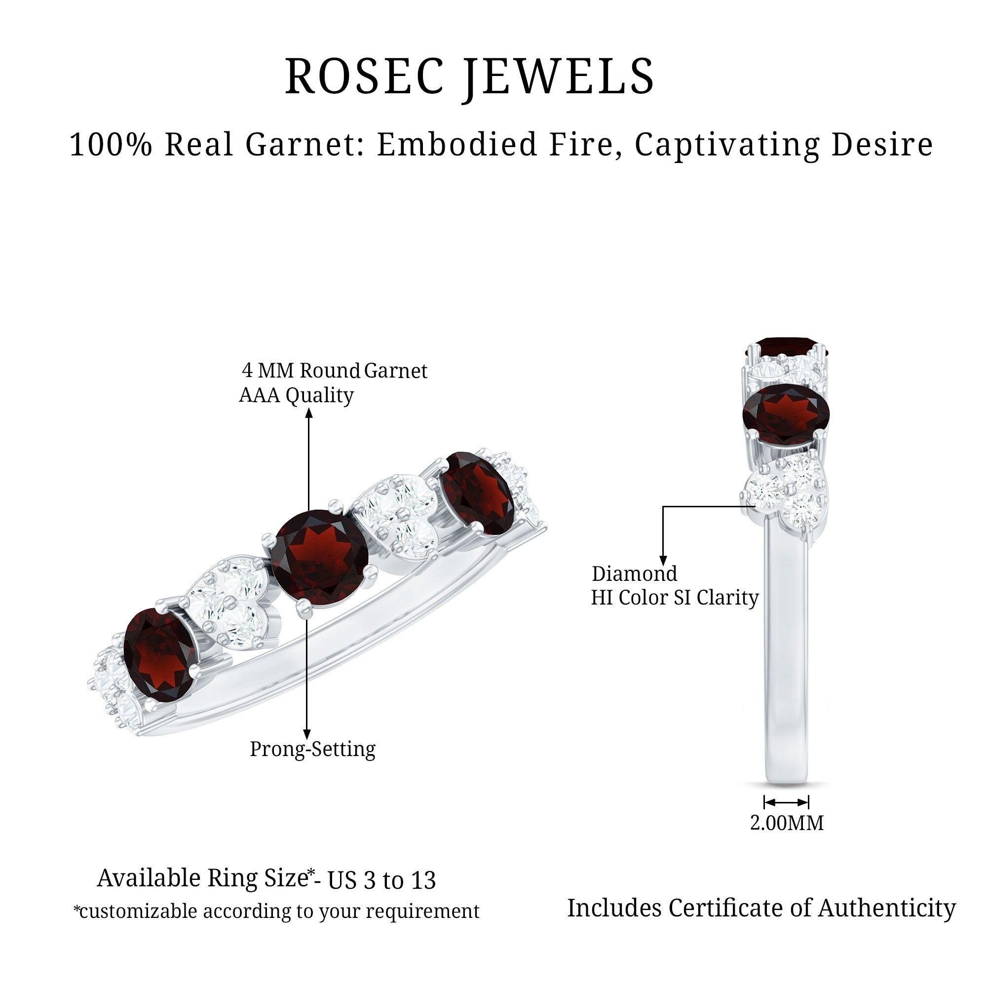 Rosec Jewels-Certified Real Garnet Diamond Heart Eternity Ring for Anniversary