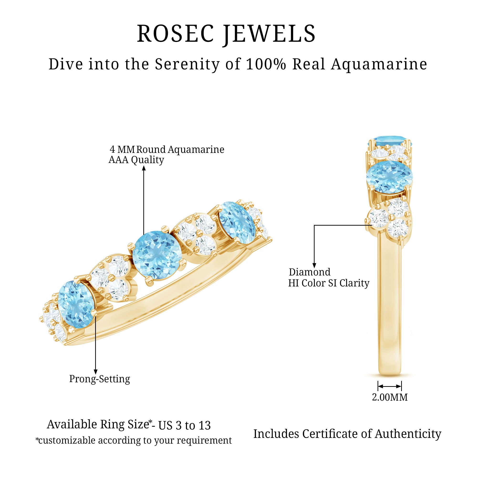 Aquamarine and Diamond Heart Shape Eternity Ring AAA - Rosec Jewels