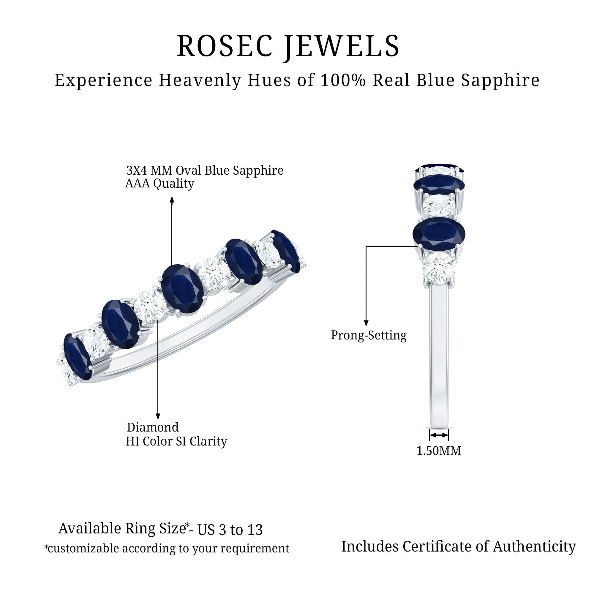 Rosec Jewels-Natural Oval Blue Sapphire Diamond Half Eternity Ring for Women