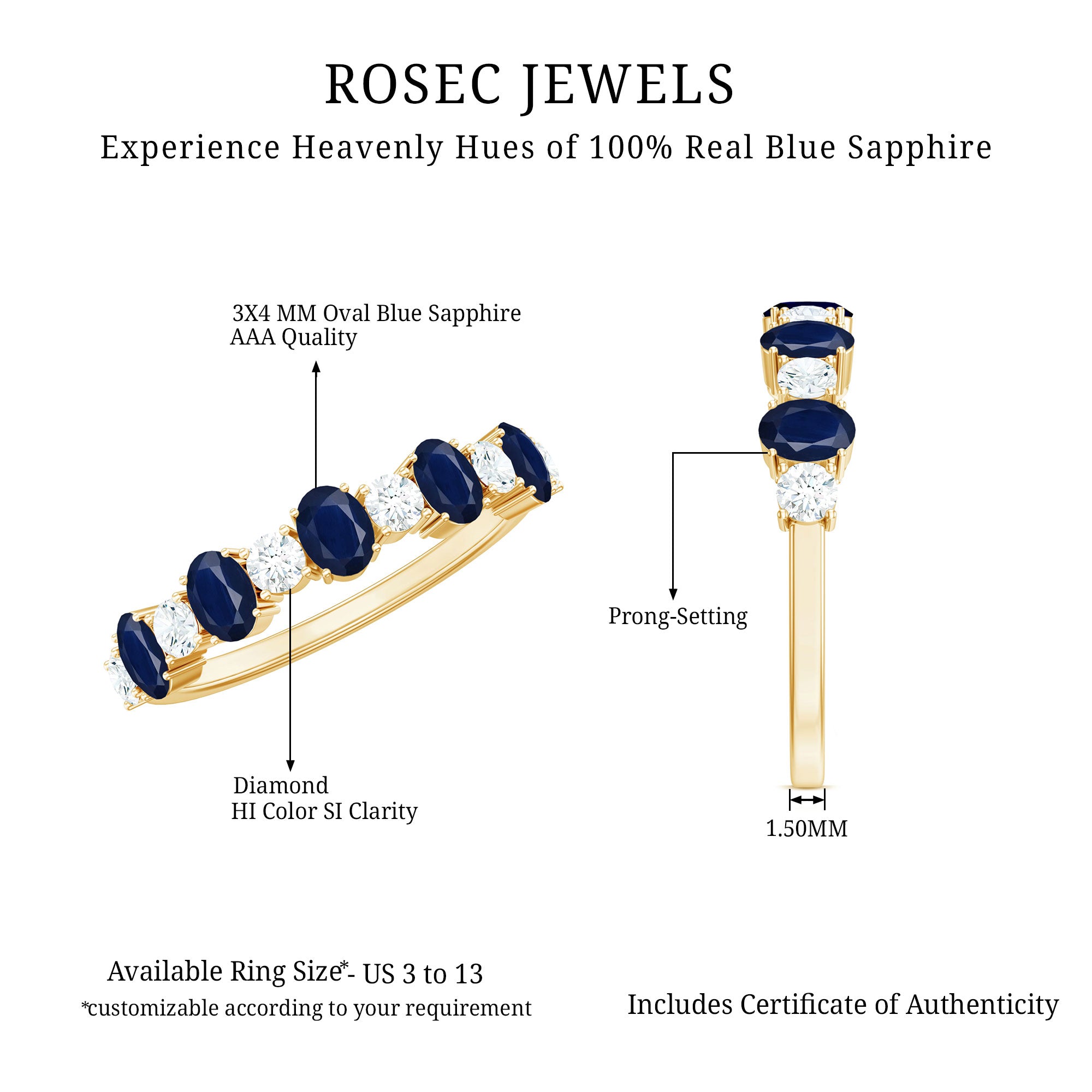 Rosec Jewels-Natural Oval Blue Sapphire Diamond Half Eternity Ring for Women