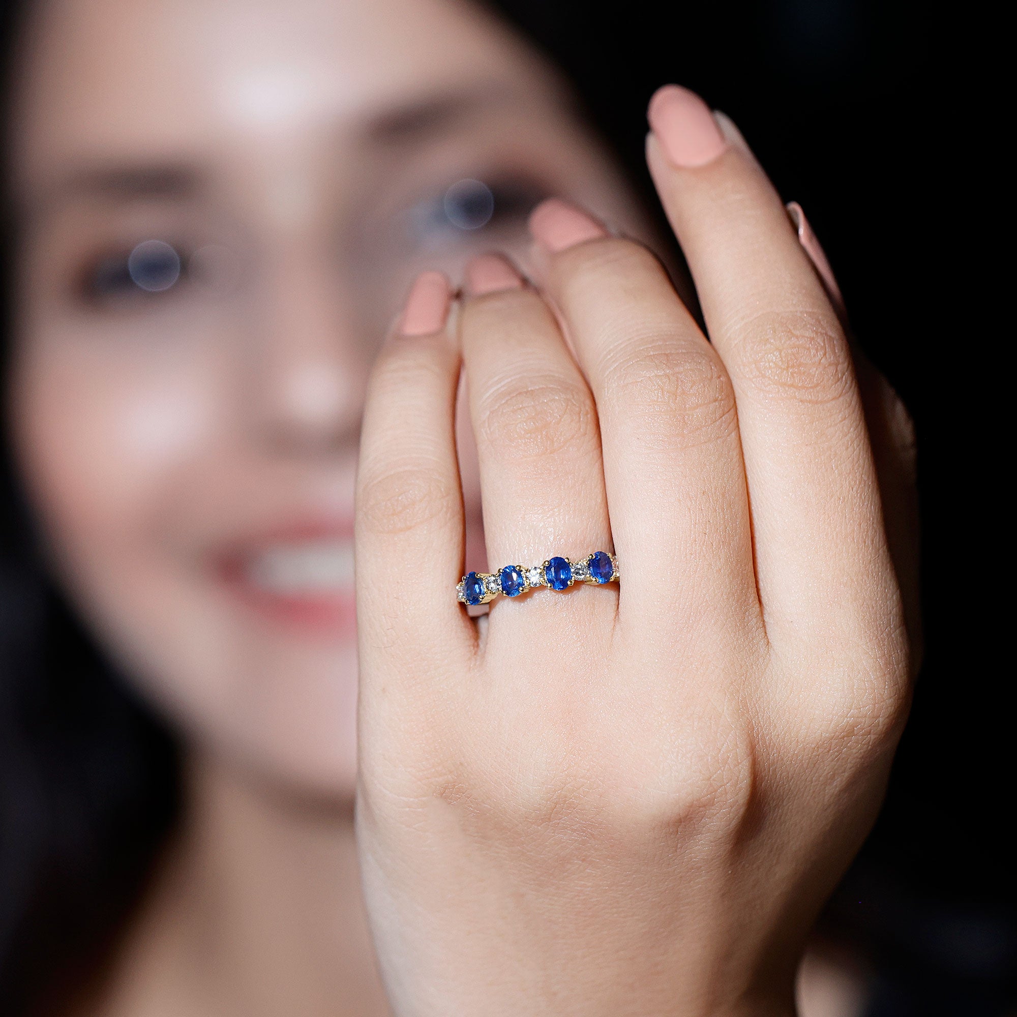 Rosec Jewels-Natural Oval Blue Sapphire Diamond Half Eternity Ring for Women