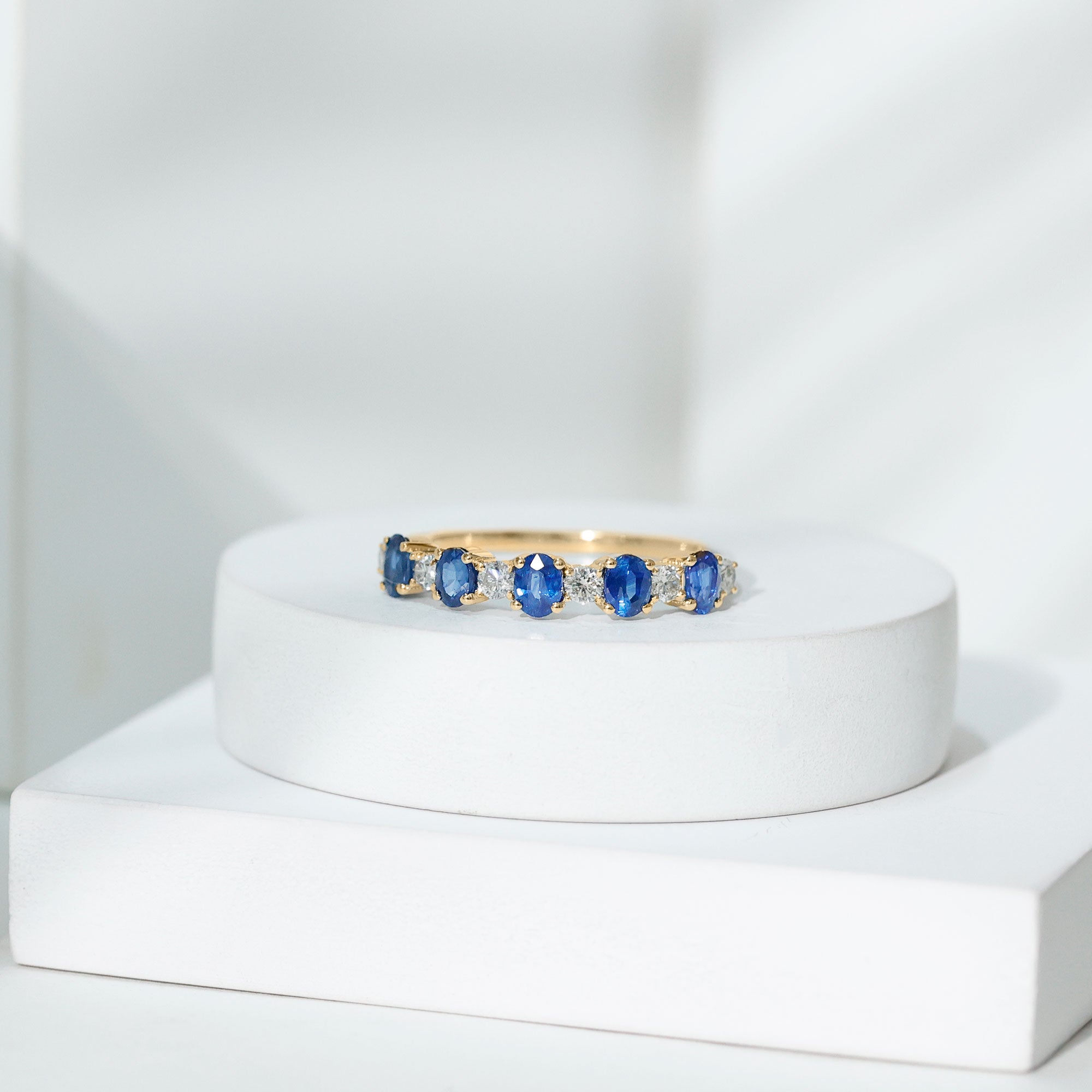 Rosec Jewels-Natural Oval Blue Sapphire Diamond Half Eternity Ring for Women