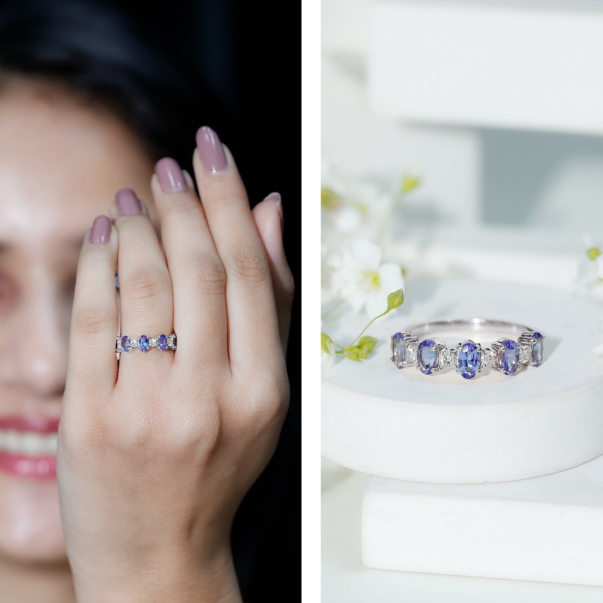 Rosec Jewels-Natural Tanzanite Half Eternity Ring with Diamond