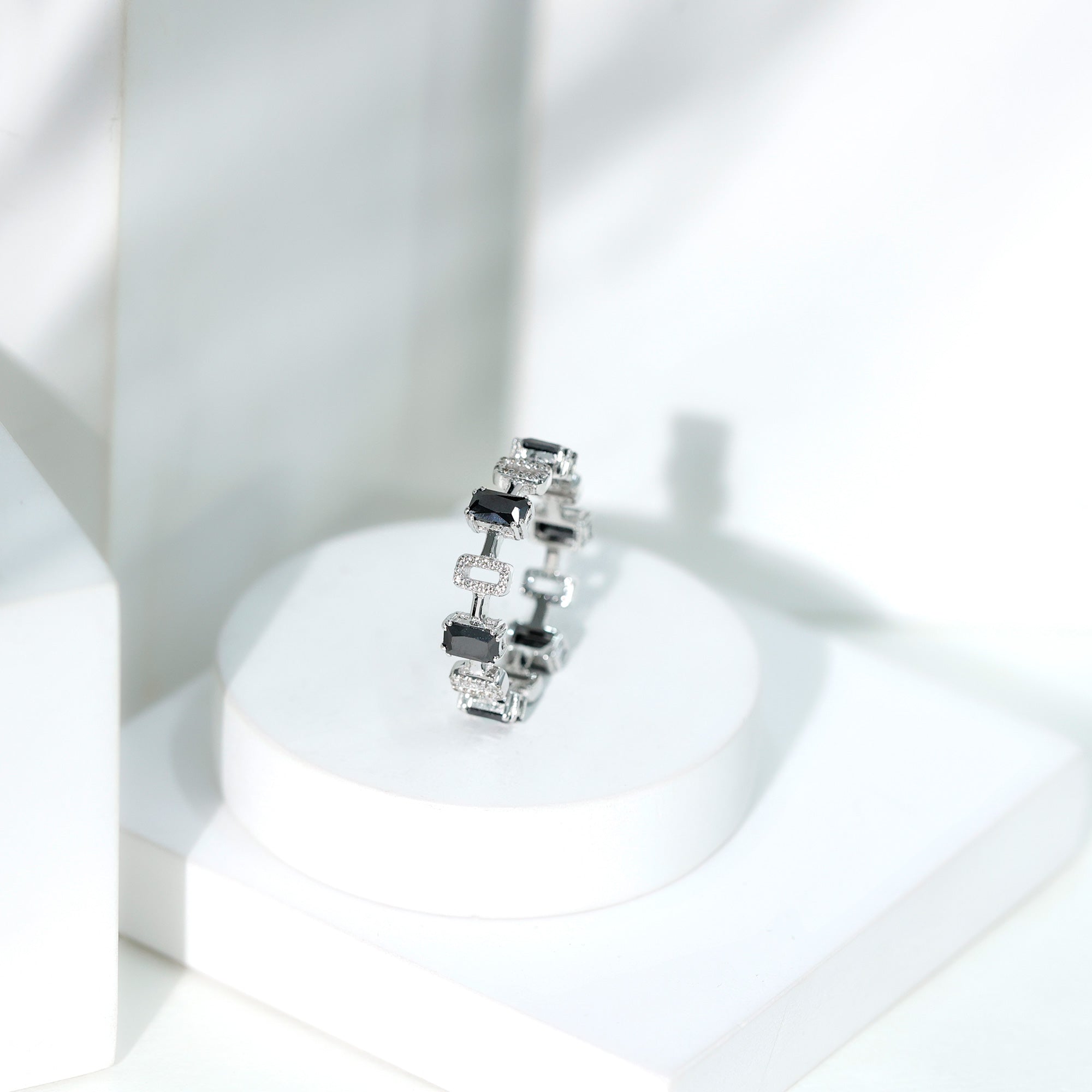 Contemporary Emerald Cut Onyx and Diamond Wedding Band AAA - Rosec Jewels