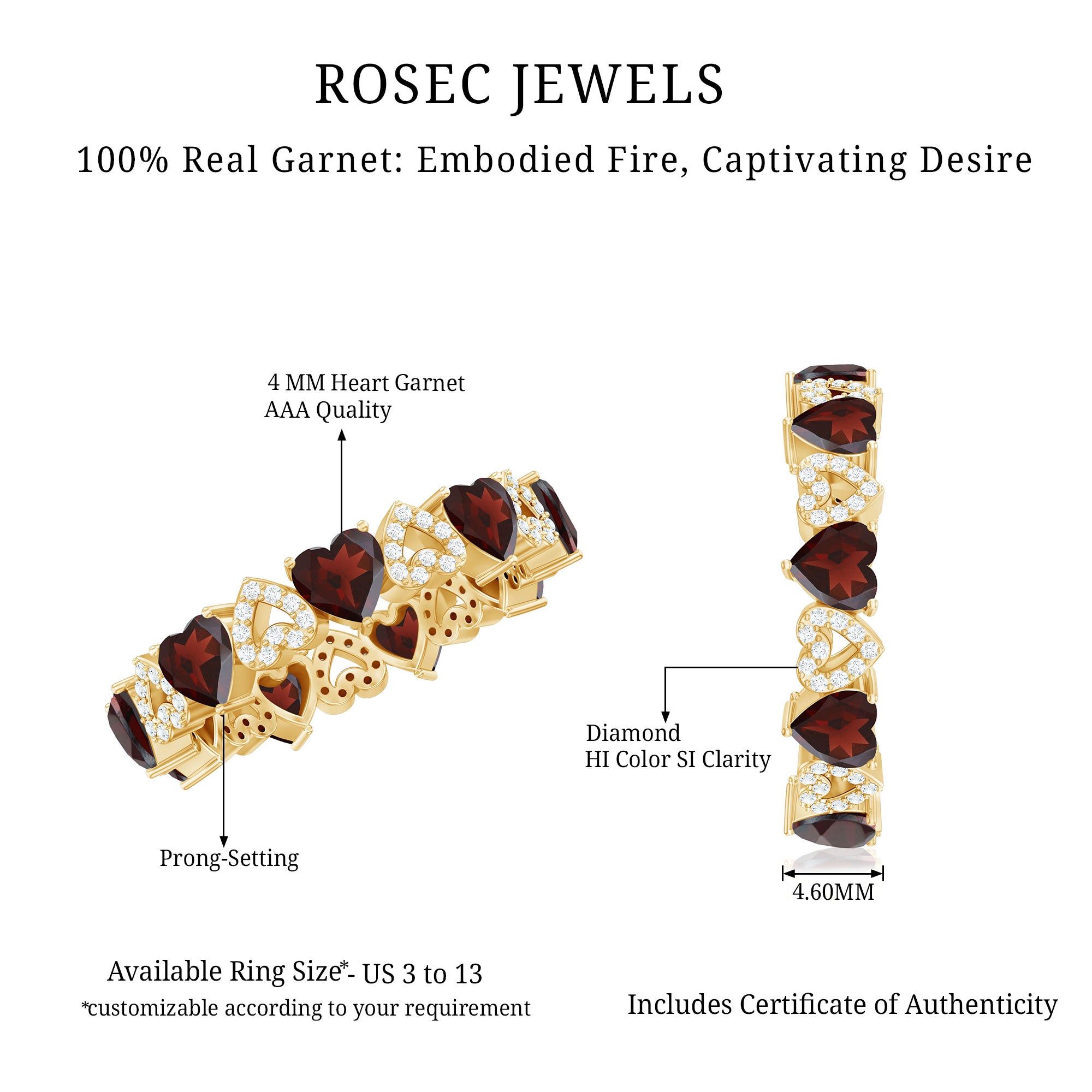 Natural Garnet Diamond Heart Eternity Ring for Anniversary AAA - Rosec Jewels