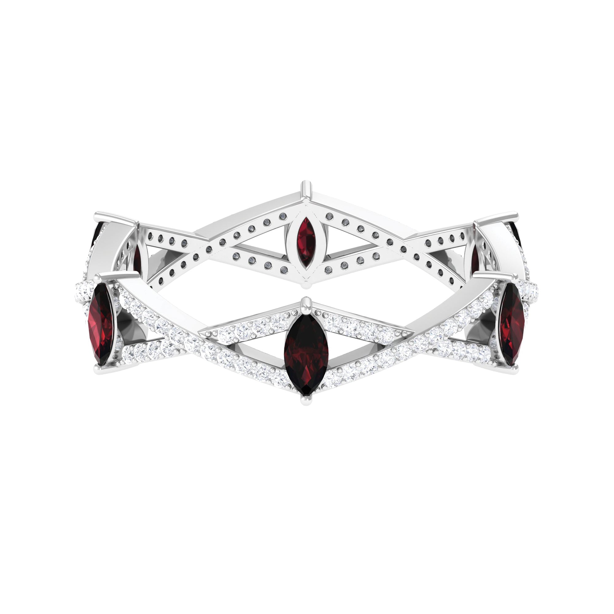 Rosec Jewels-Natural Marquise Garnet Diamond Eternity Ring with Crossover Shank