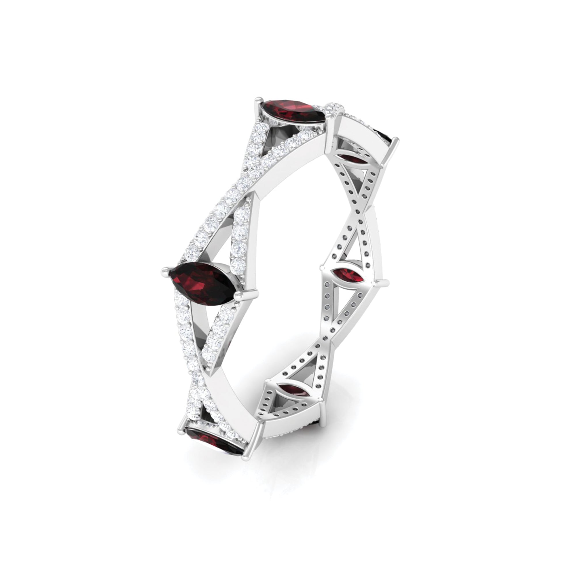 Rosec Jewels-Natural Marquise Garnet Diamond Eternity Ring with Crossover Shank