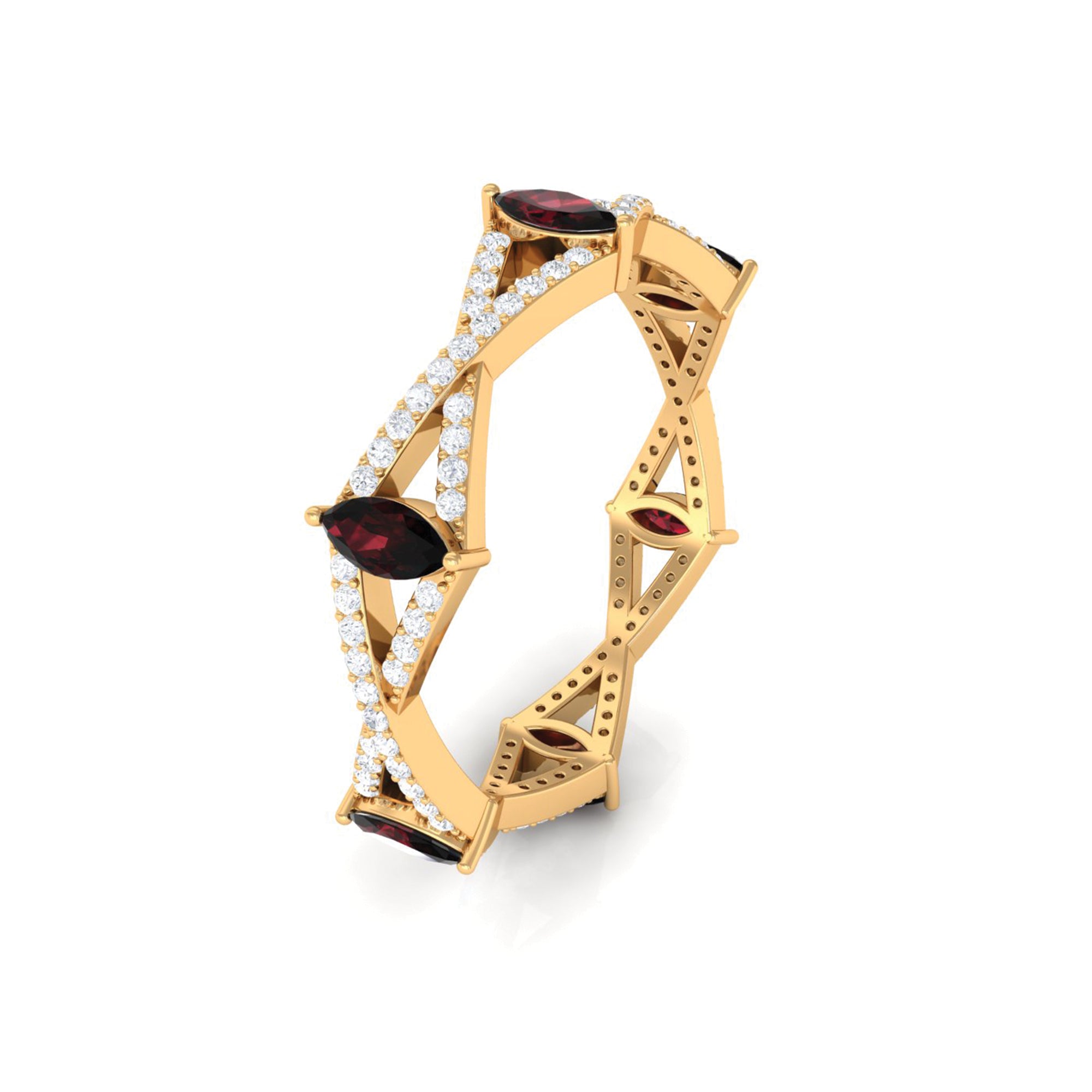 Rosec Jewels-Natural Marquise Garnet Diamond Eternity Ring with Crossover Shank