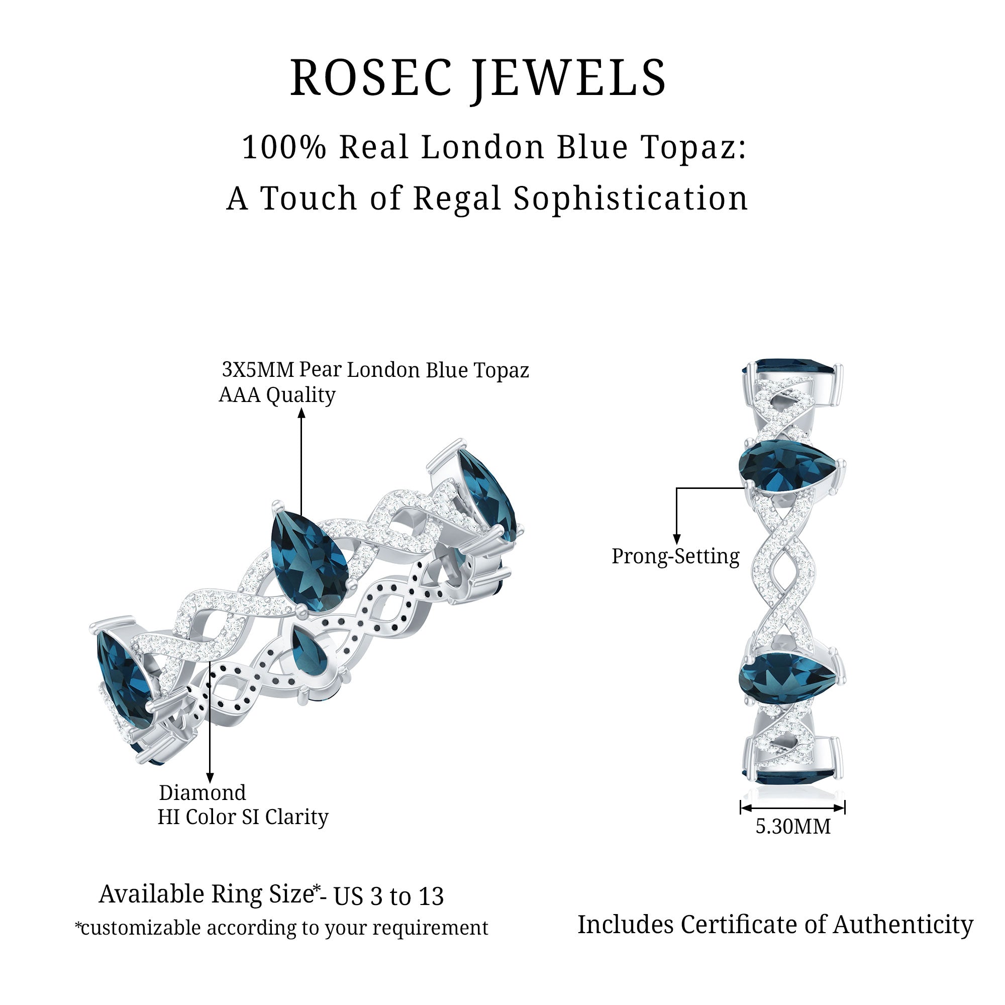 Rosec Jewels-Pear Shape London Blue Topaz Crossover Eternity Band with Diamond