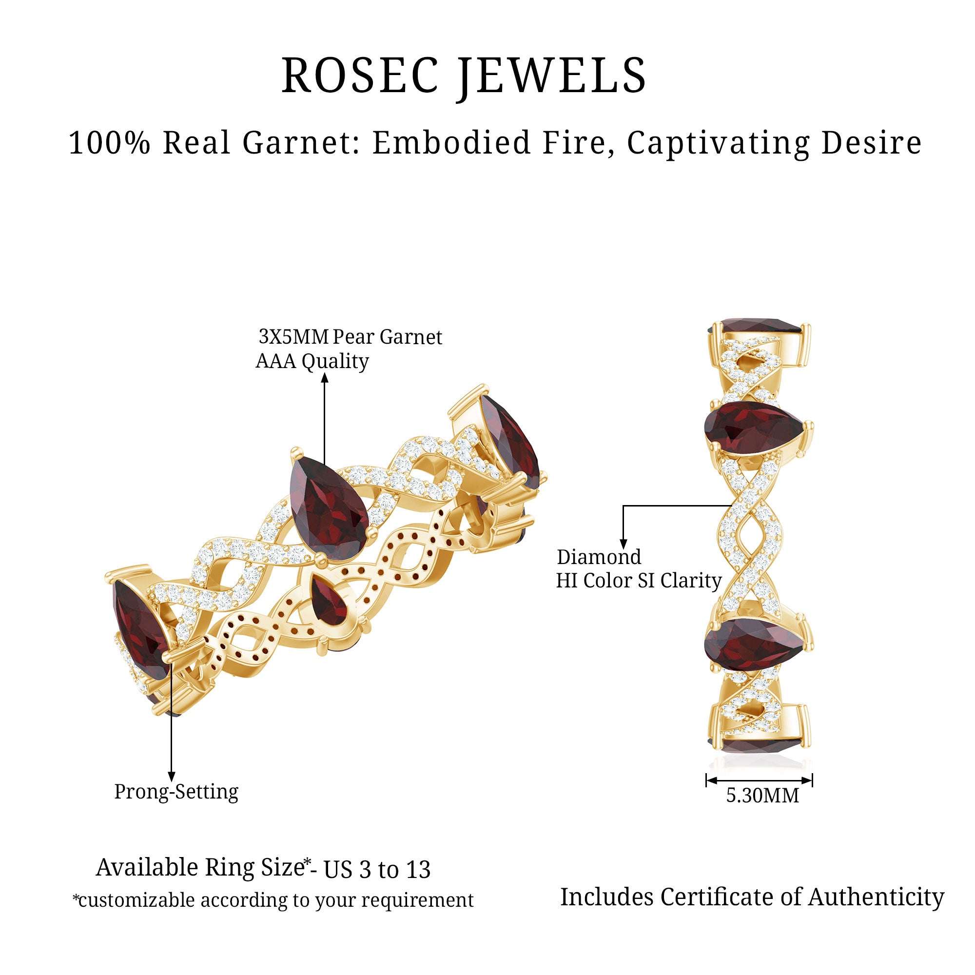 Rosec Jewels-Natural Pear Shape Garnet Diamond Eternity Ring with Crossover Shank