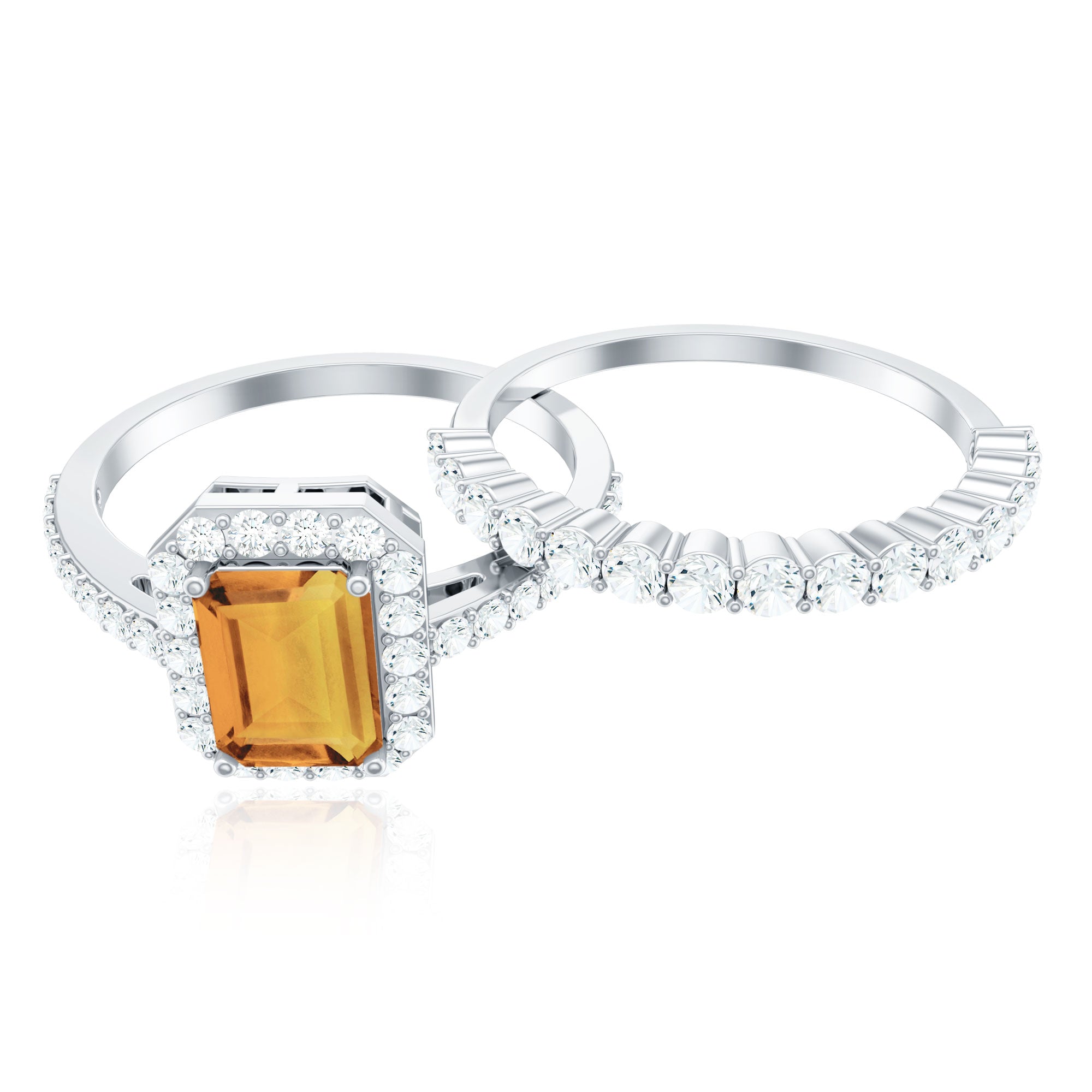 Emerald Cut Citrine Halo Engagement Ring with Moissanite Wedding Band AAA - Rosec Jewels