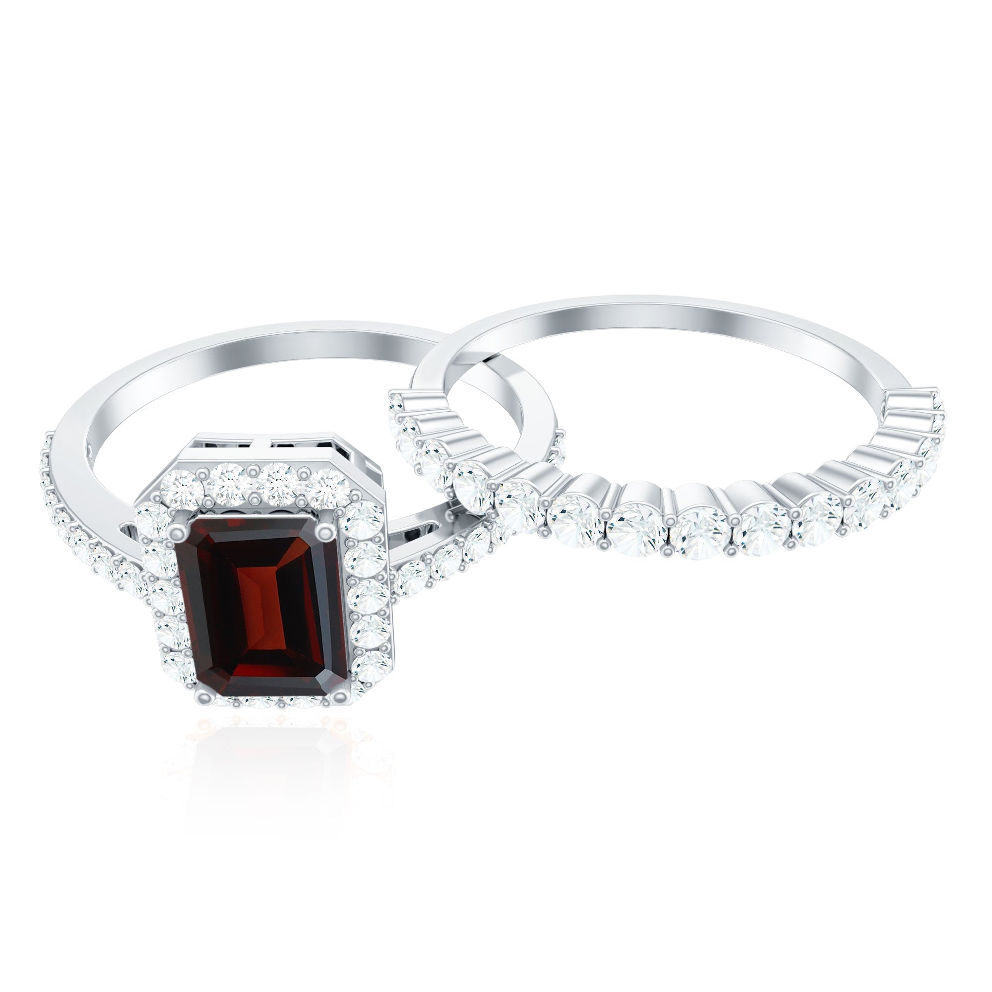 Genuine 6X8mm Emerald Cut Garnet Moissanite Wedding Ring Set of 2 AAA - Rosec Jewels