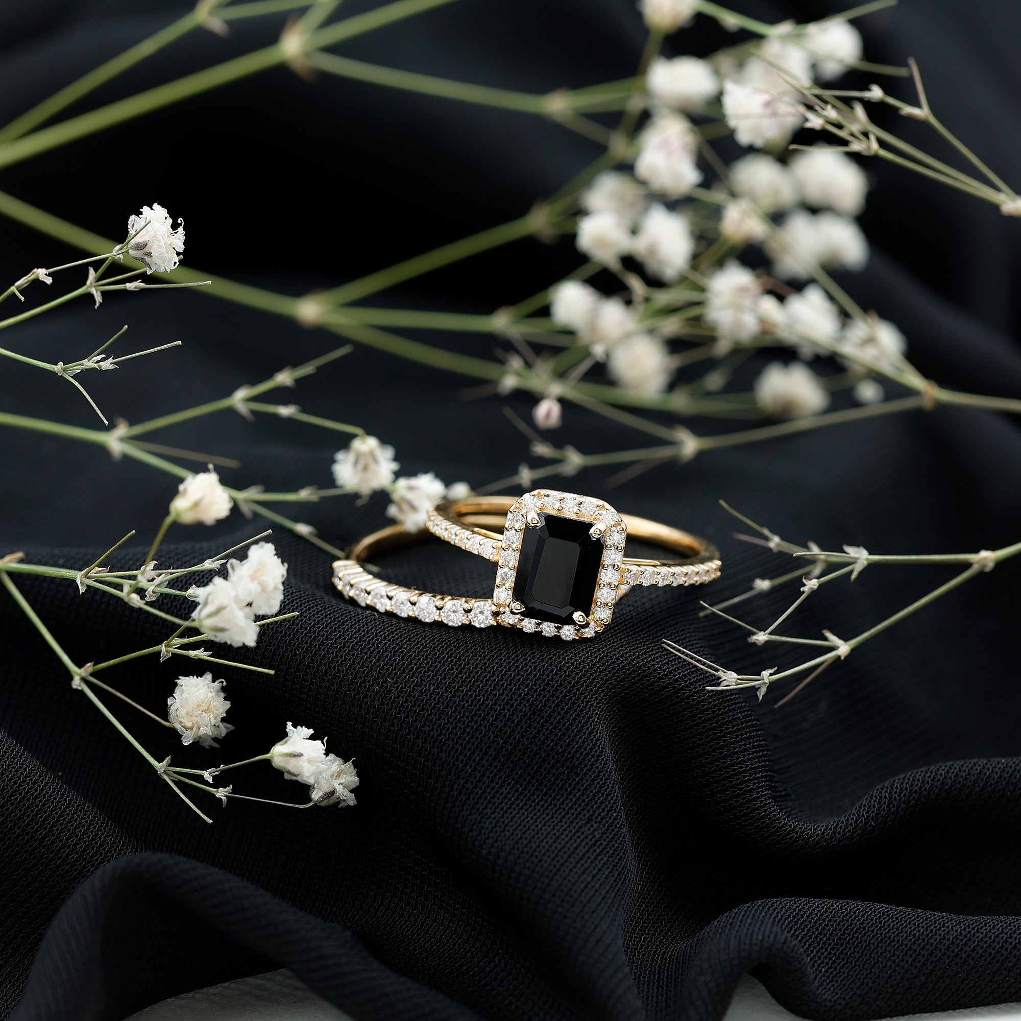 Rosec Jewels-Emerald Cut Black Onyx Wedding Ring Set with Moissanite