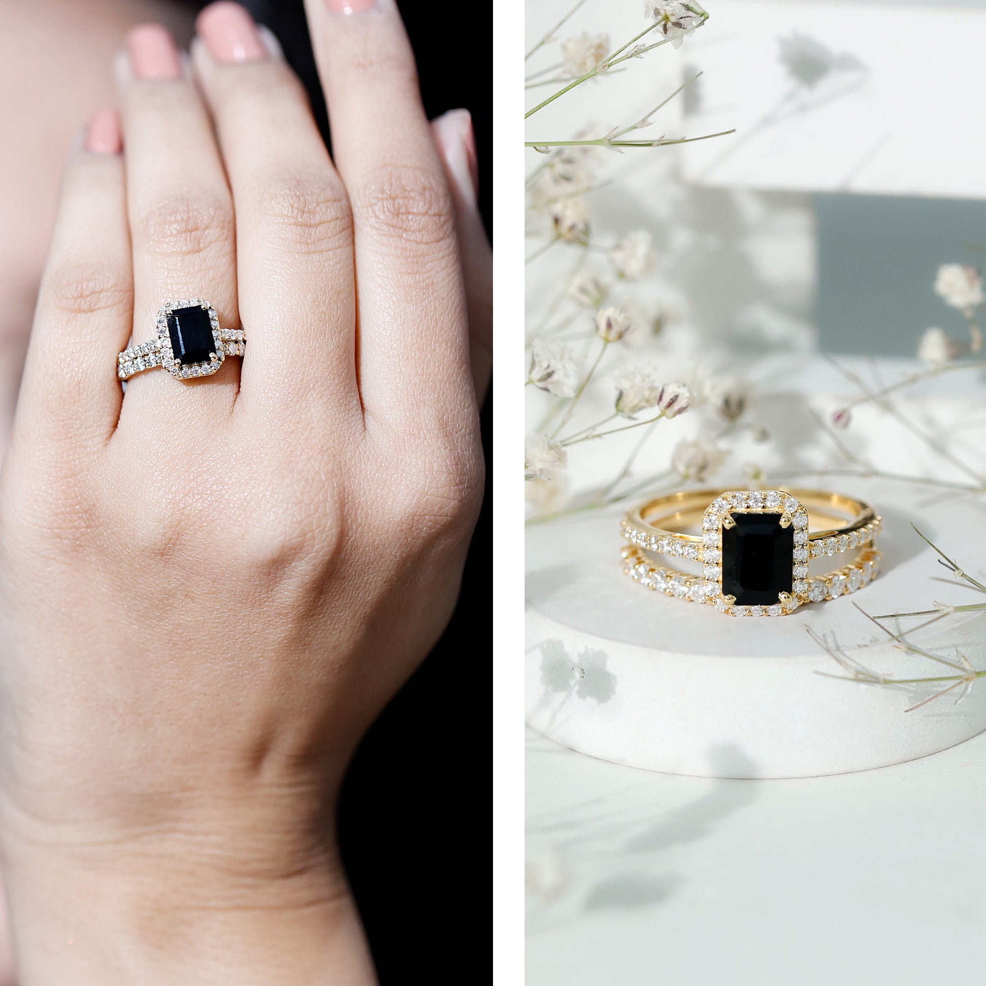 Rosec Jewels-Emerald Cut Black Onyx Wedding Ring Set with Moissanite