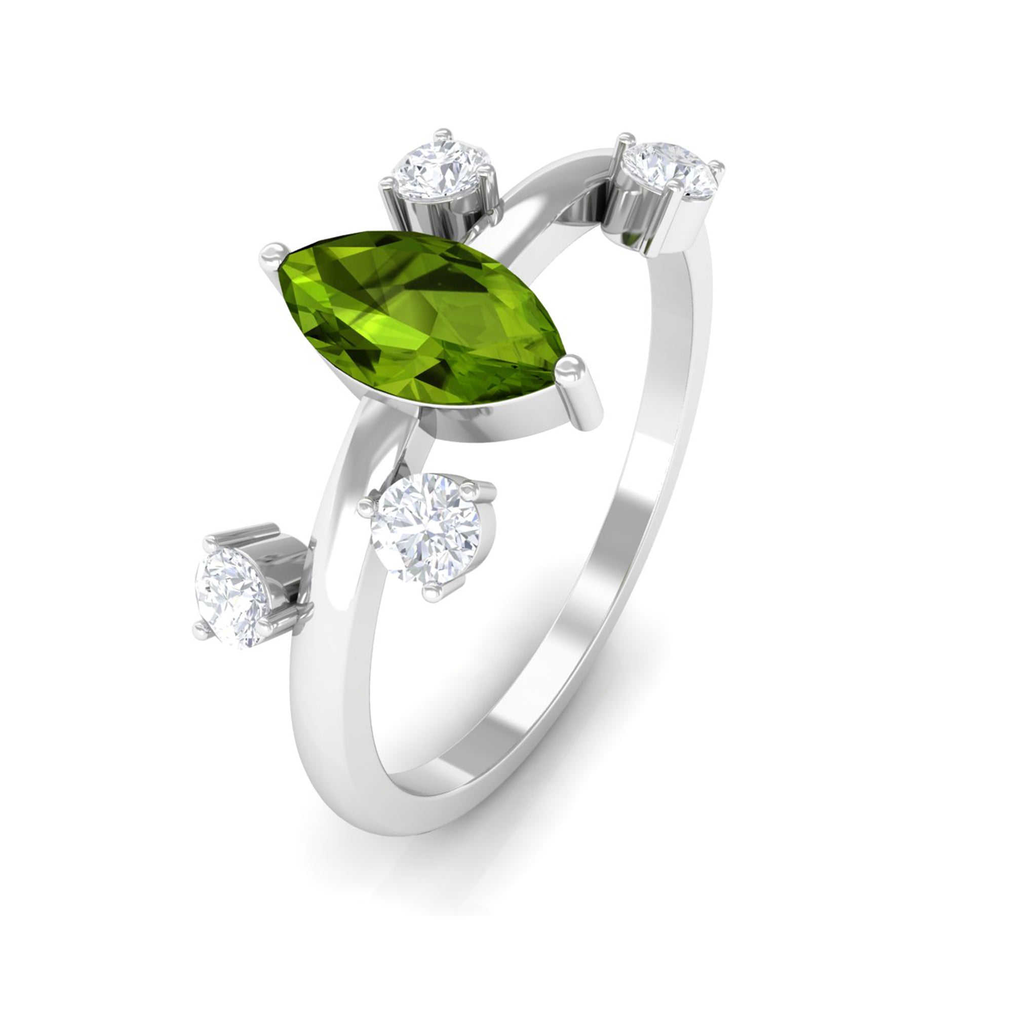 Rosec Jewels-1 CT Marquise Cut Peridot Scatter Ring with Diamond Stones