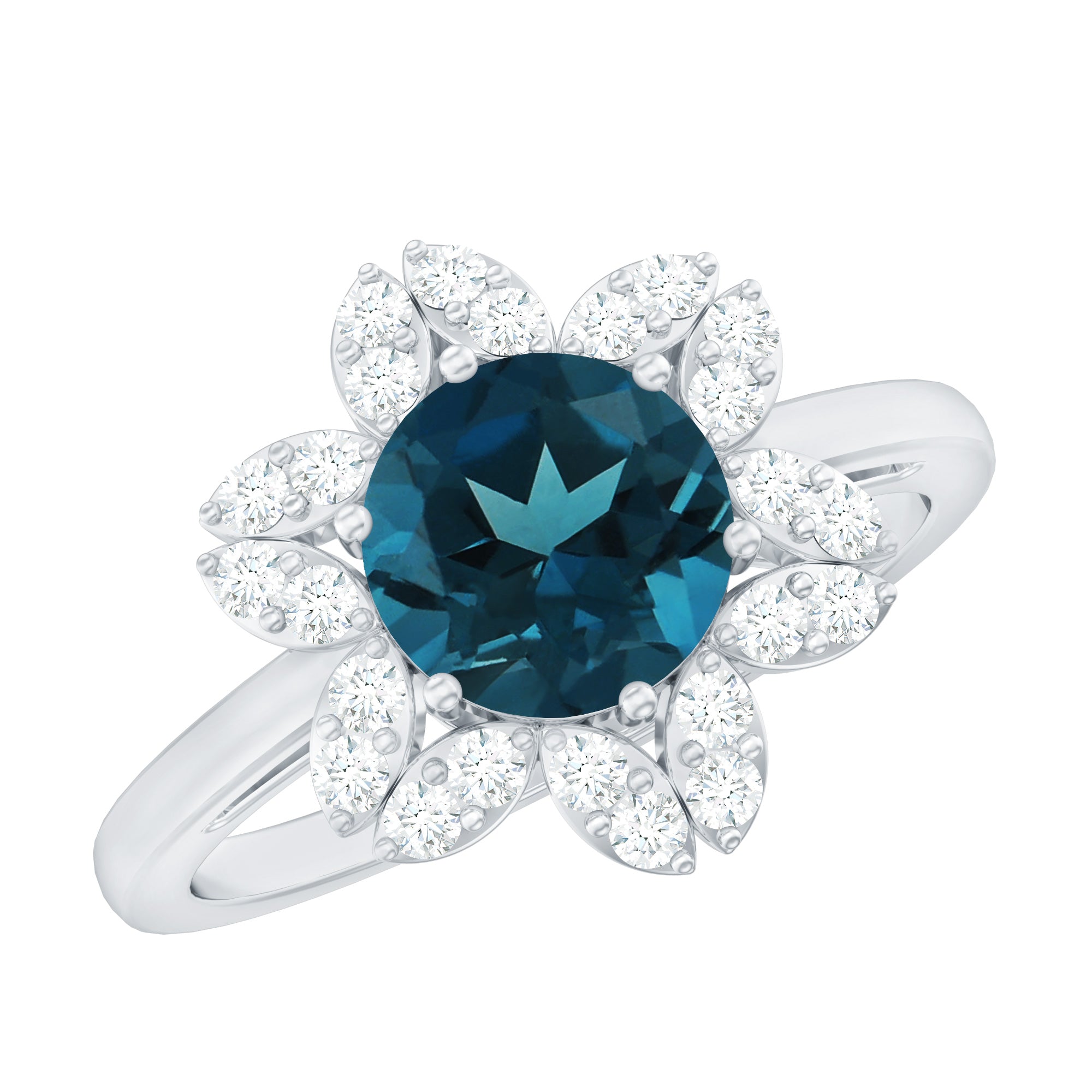7mm Round London Blue Topaz Floral Engagement Ring with Diamond AAA - Rosec Jewels