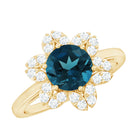 7mm Round London Blue Topaz Floral Engagement Ring with Diamond AAA - Rosec Jewels