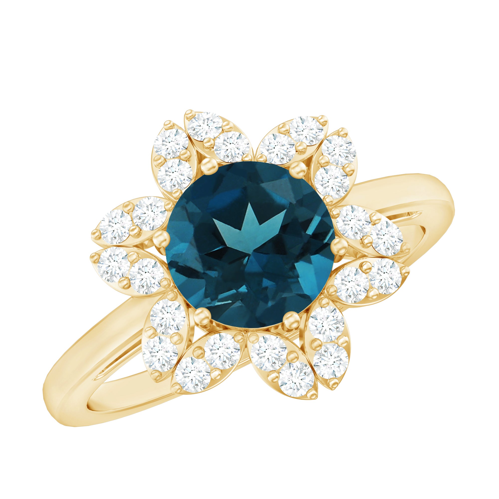7mm Round London Blue Topaz Floral Engagement Ring with Diamond AAA - Rosec Jewels