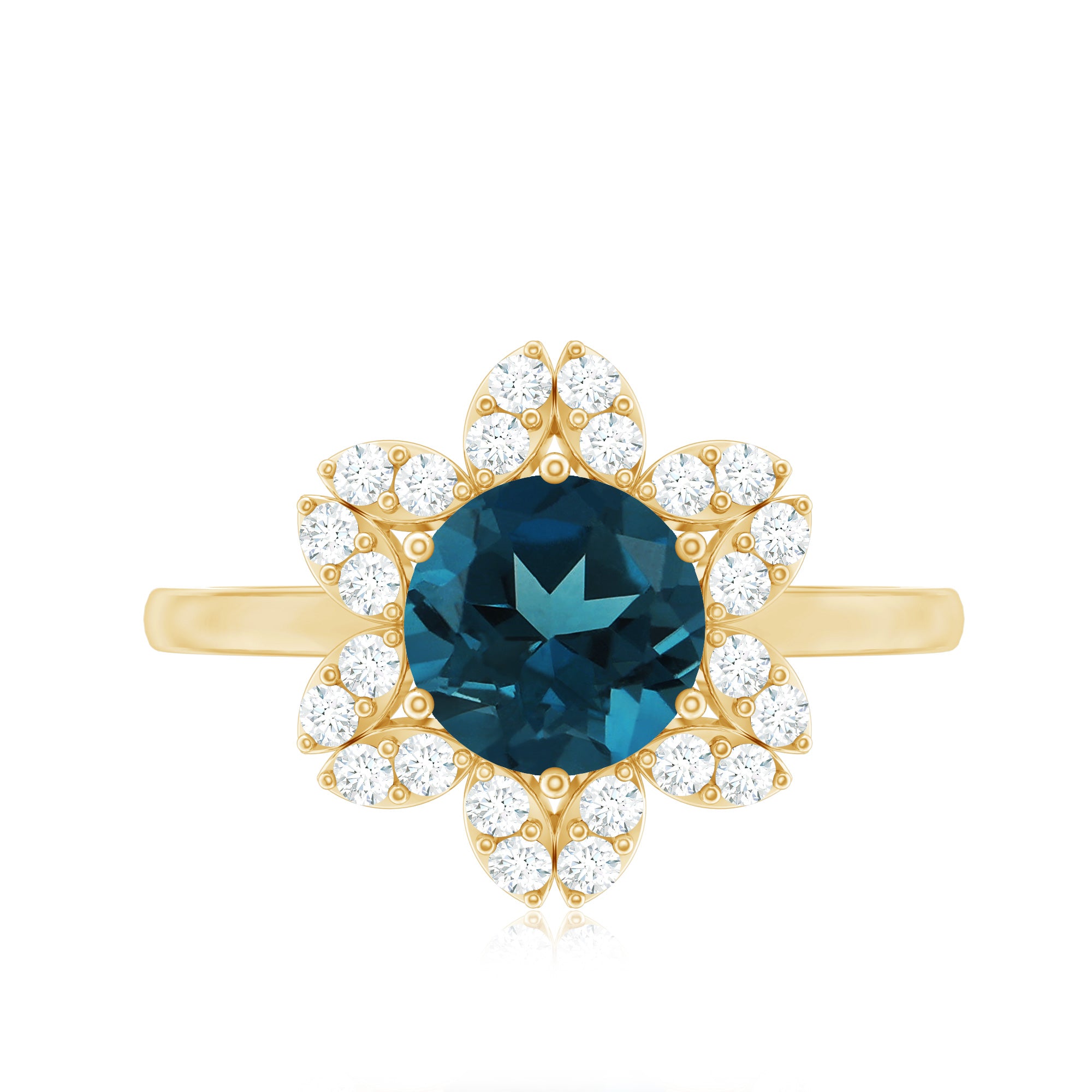7mm Round London Blue Topaz Floral Engagement Ring with Diamond AAA - Rosec Jewels